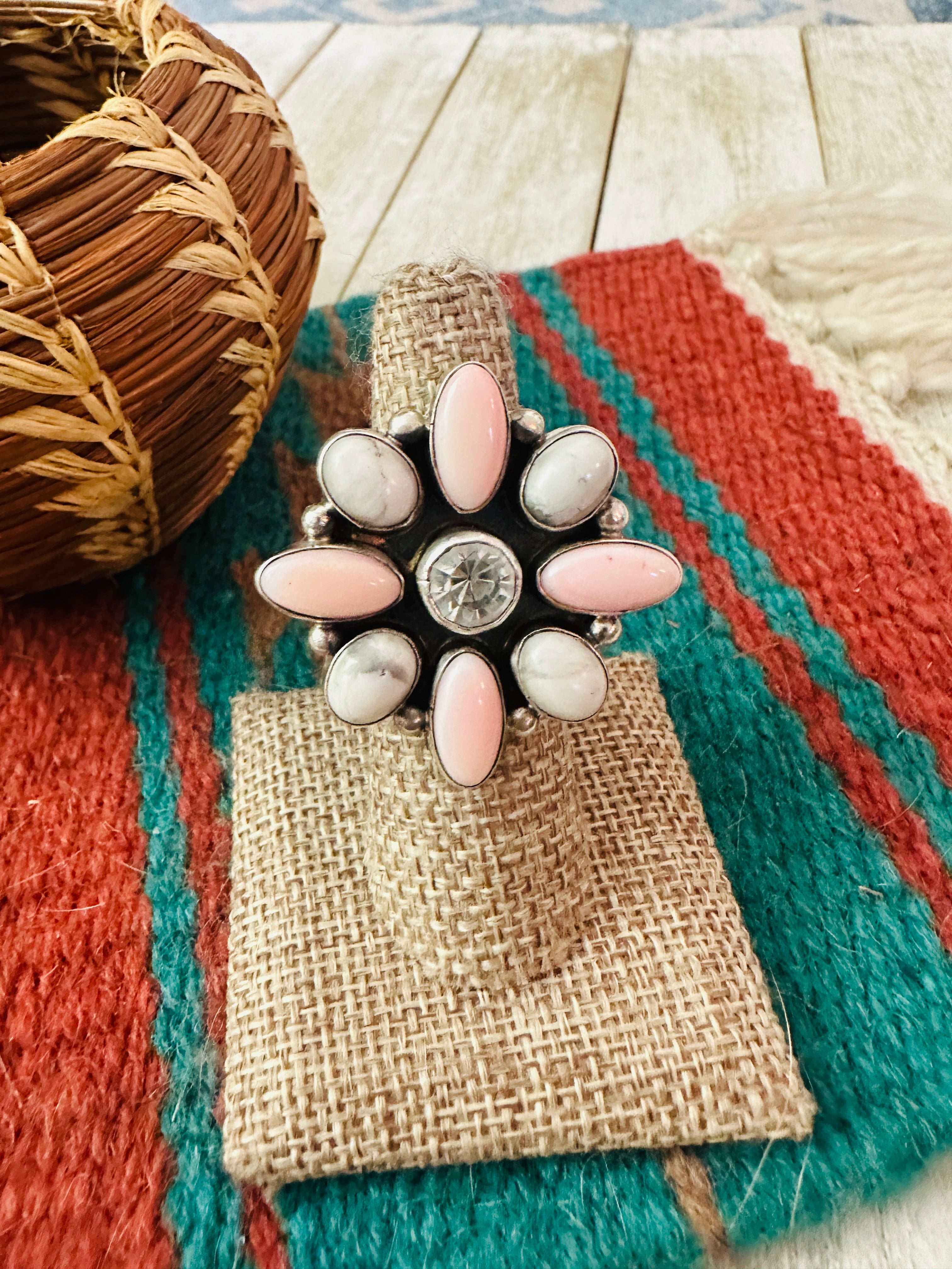 Handcrafted Queen Pink Conch, White Buffalo, CZ & Sterling Silver Adjustable Ring by Jacqueline Silver