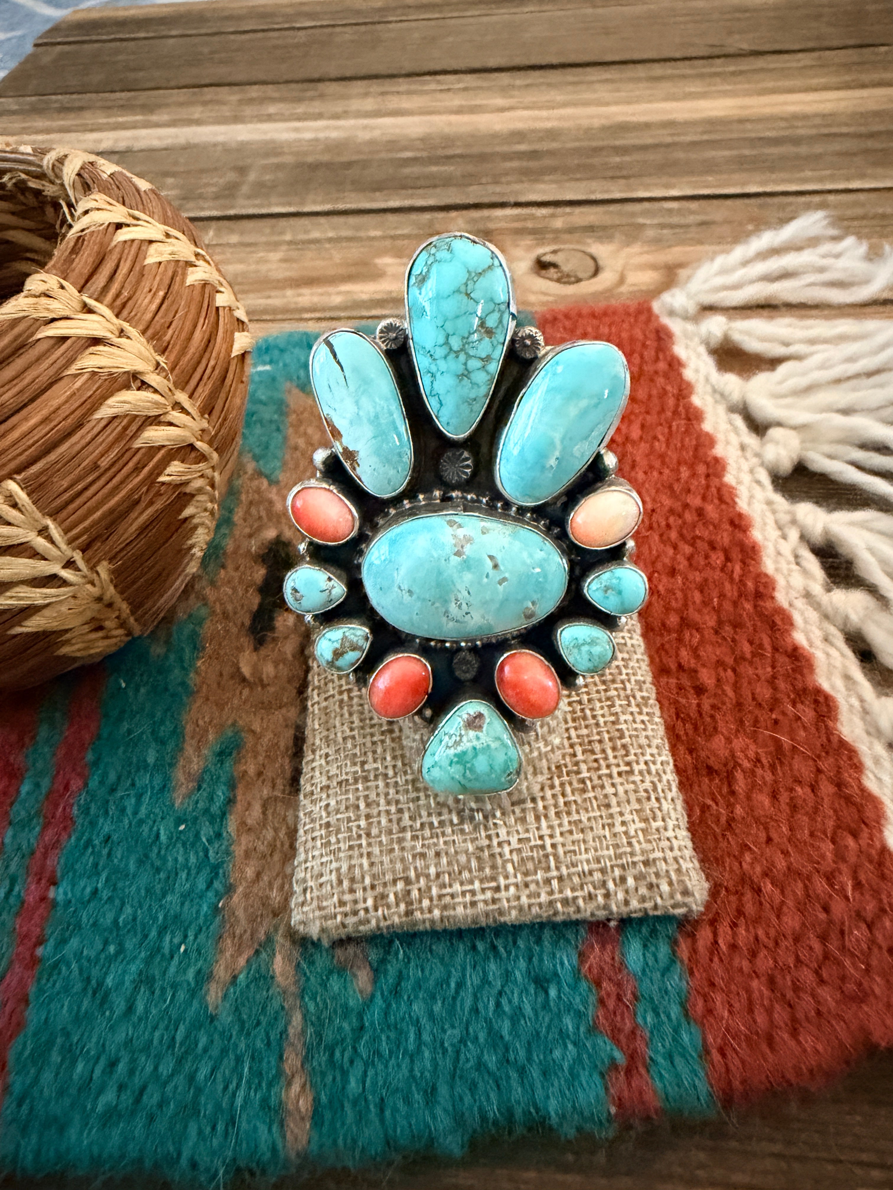 Handcrafted Spiny Oyster, Turquoise & Sterling Silver Cluster Ring by Sheila Becenti Size 7