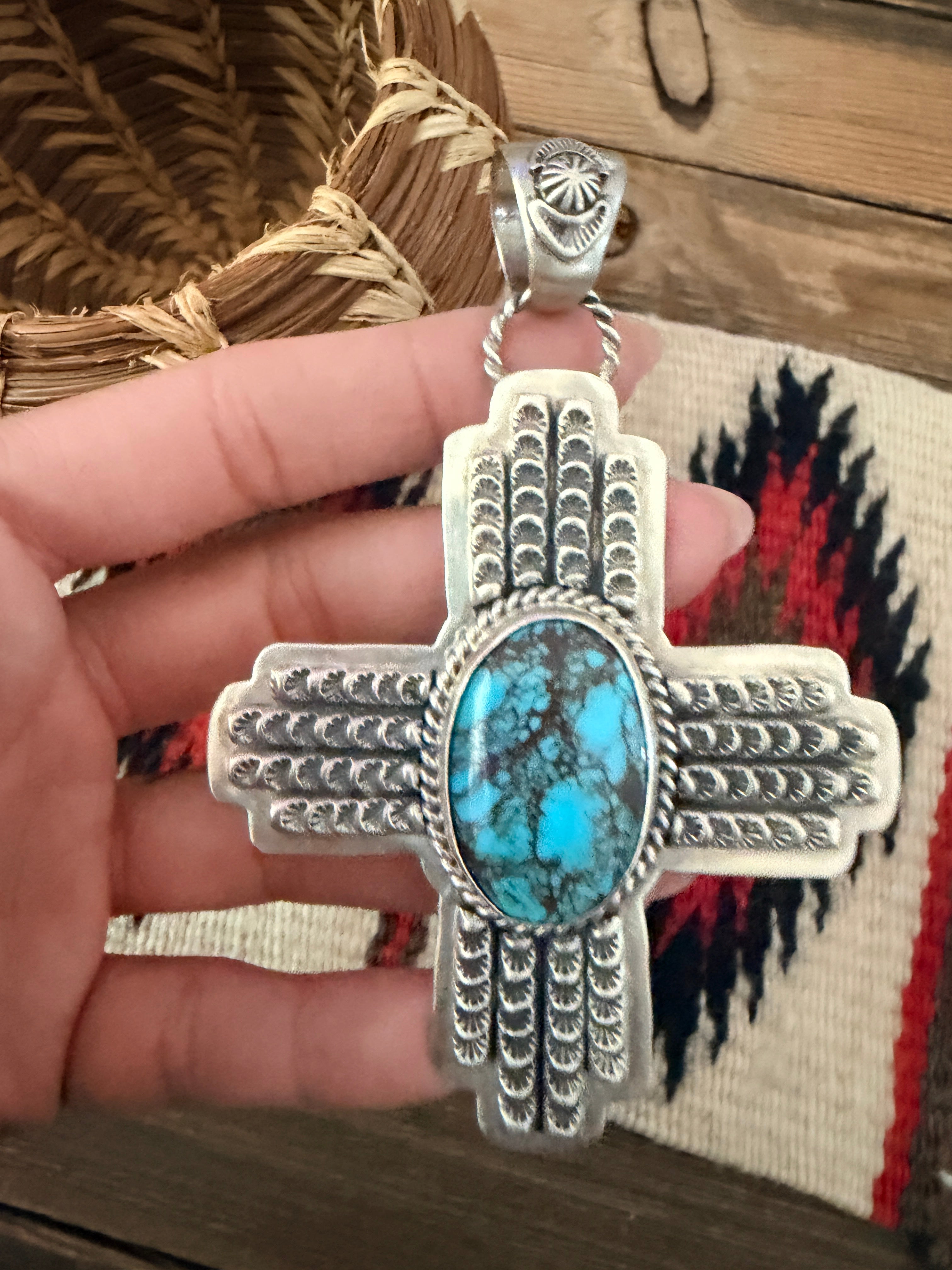 Handcrafted Turquoise & Sterling Silver Cross Pendant by Larry Kaye