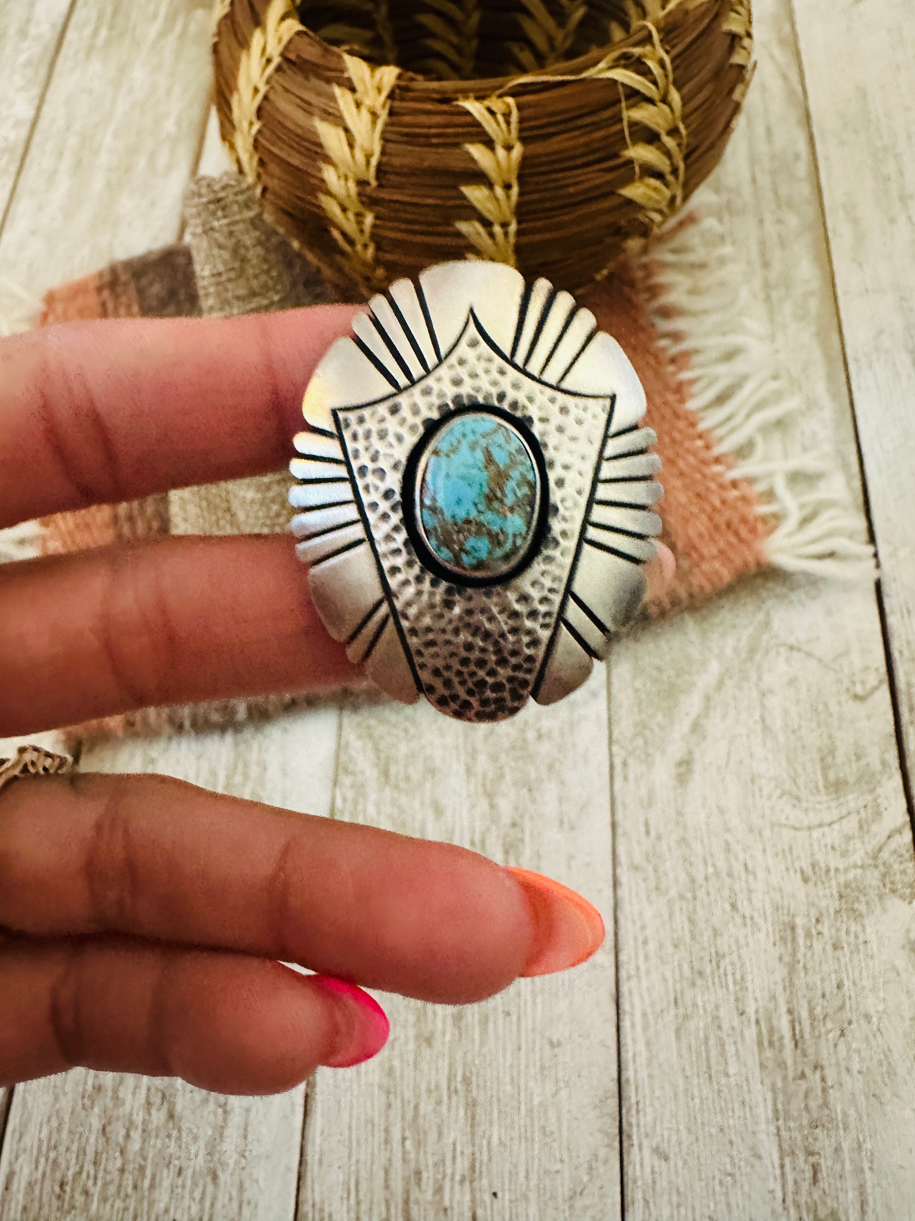 Handcrafted Hand Stamped Sterling Silver & Turquoise Ring Size 9