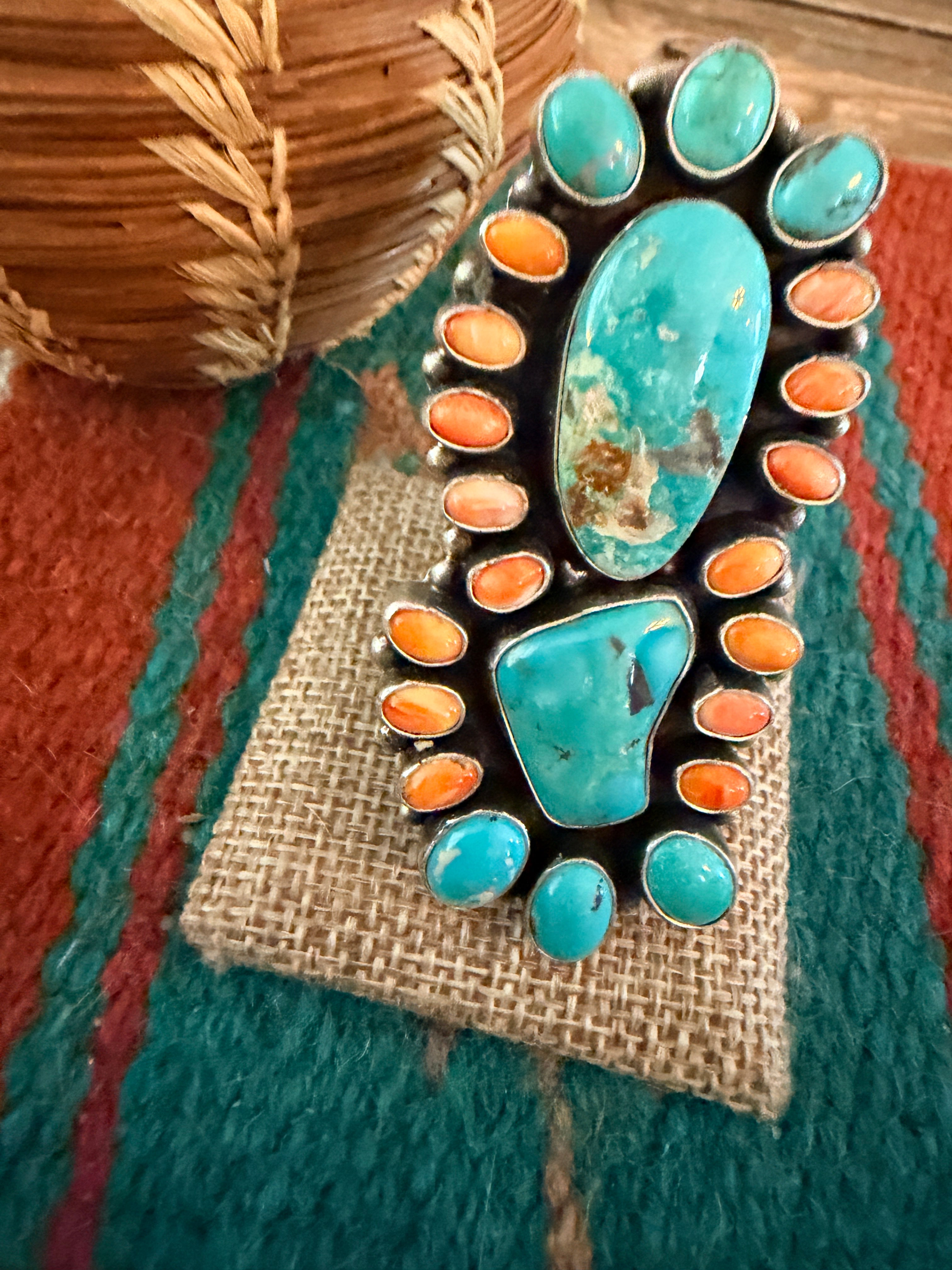 Handcrafted Spiny Oyster, Turquoise & Sterling Silver Cluster Ring by Sheila Becenti Size 10