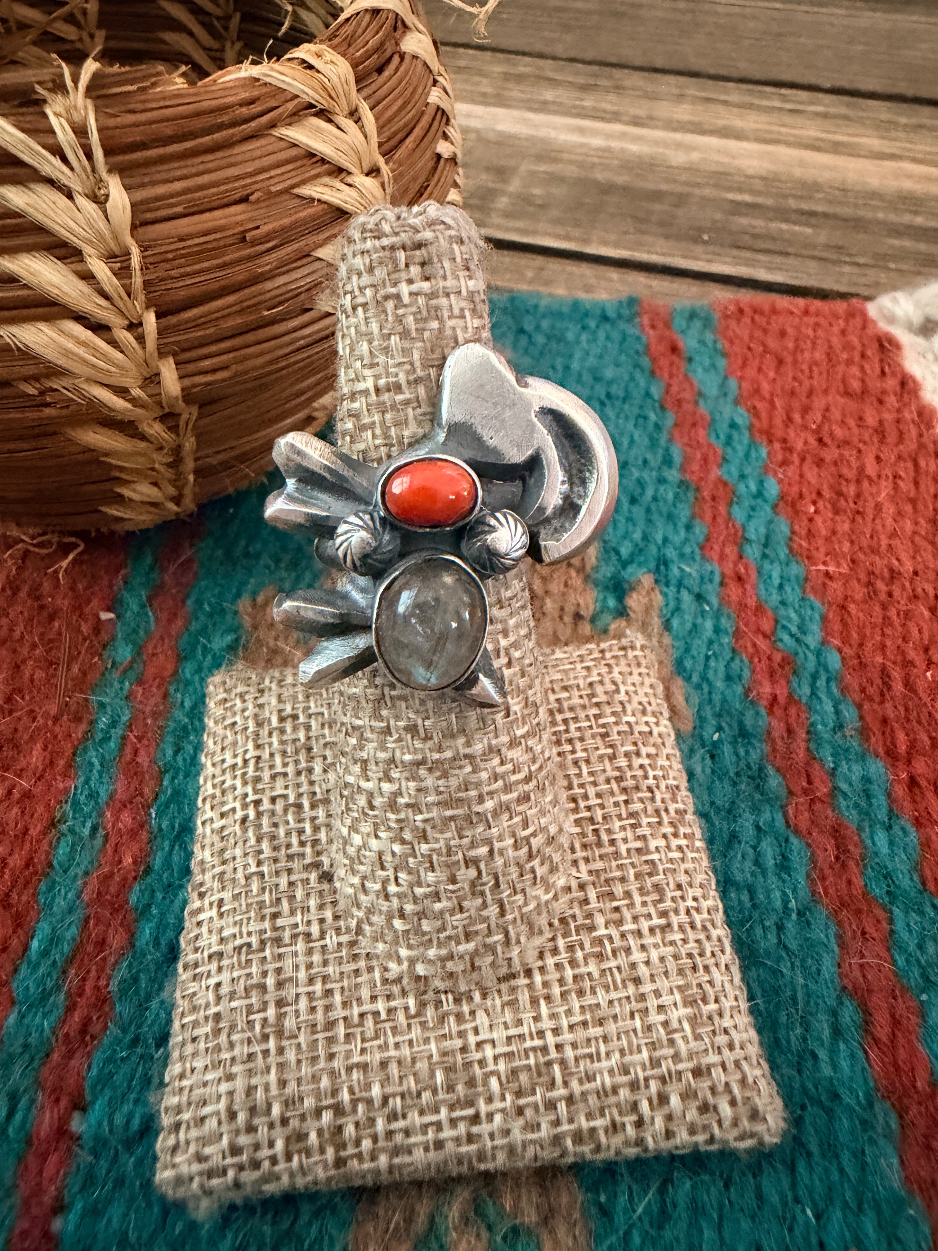 Handcrafted Coral, Moonstone and Sterling Silver Goat Ring size 6 by Chimney Butte