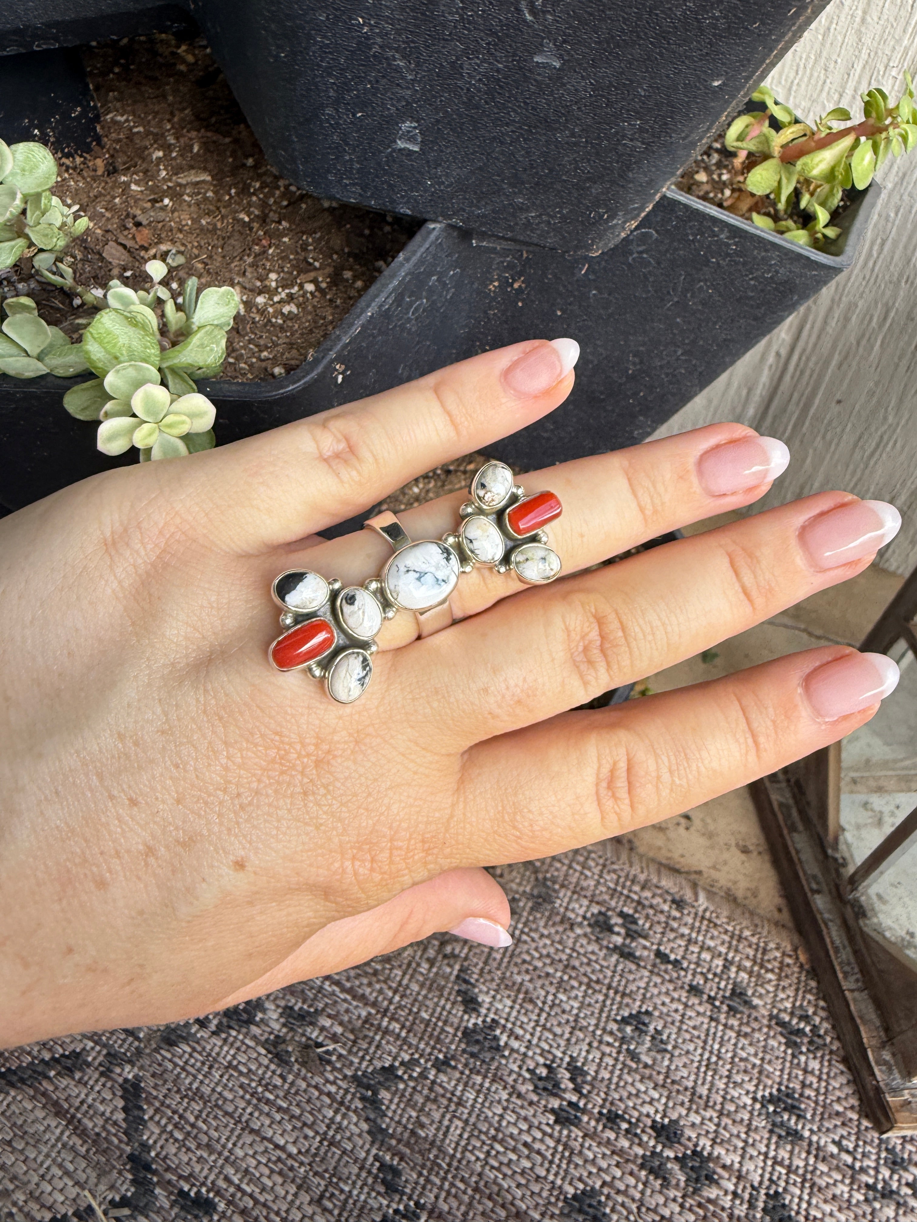 Handmade Coral, White Buffalo & Sterling Silver Adjustable Ring Signed Nizhoni