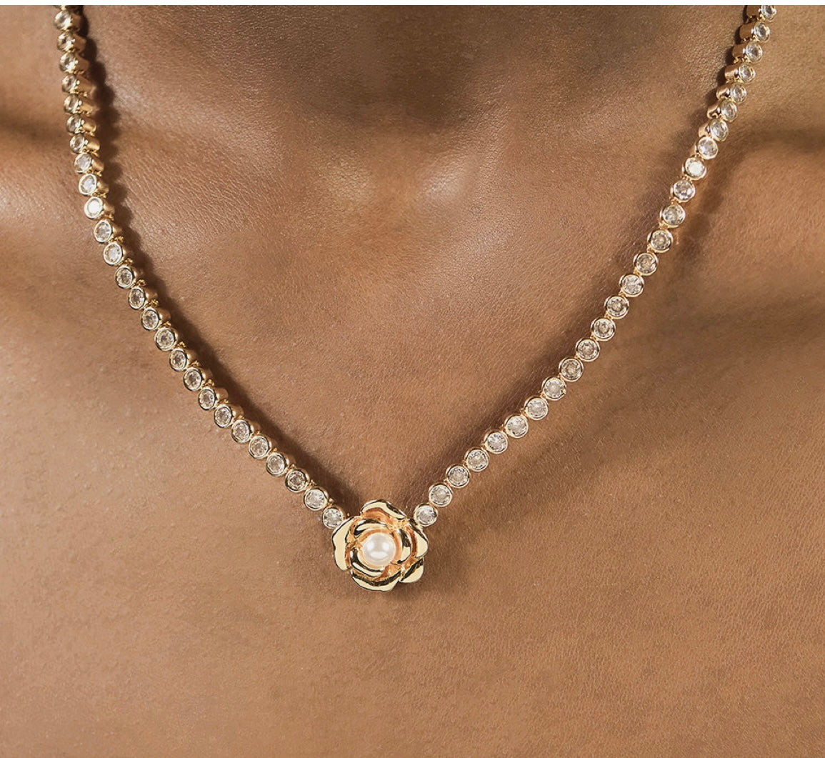 Rosa Pearl 14k Gold Flower CZ Tennis Necklace
