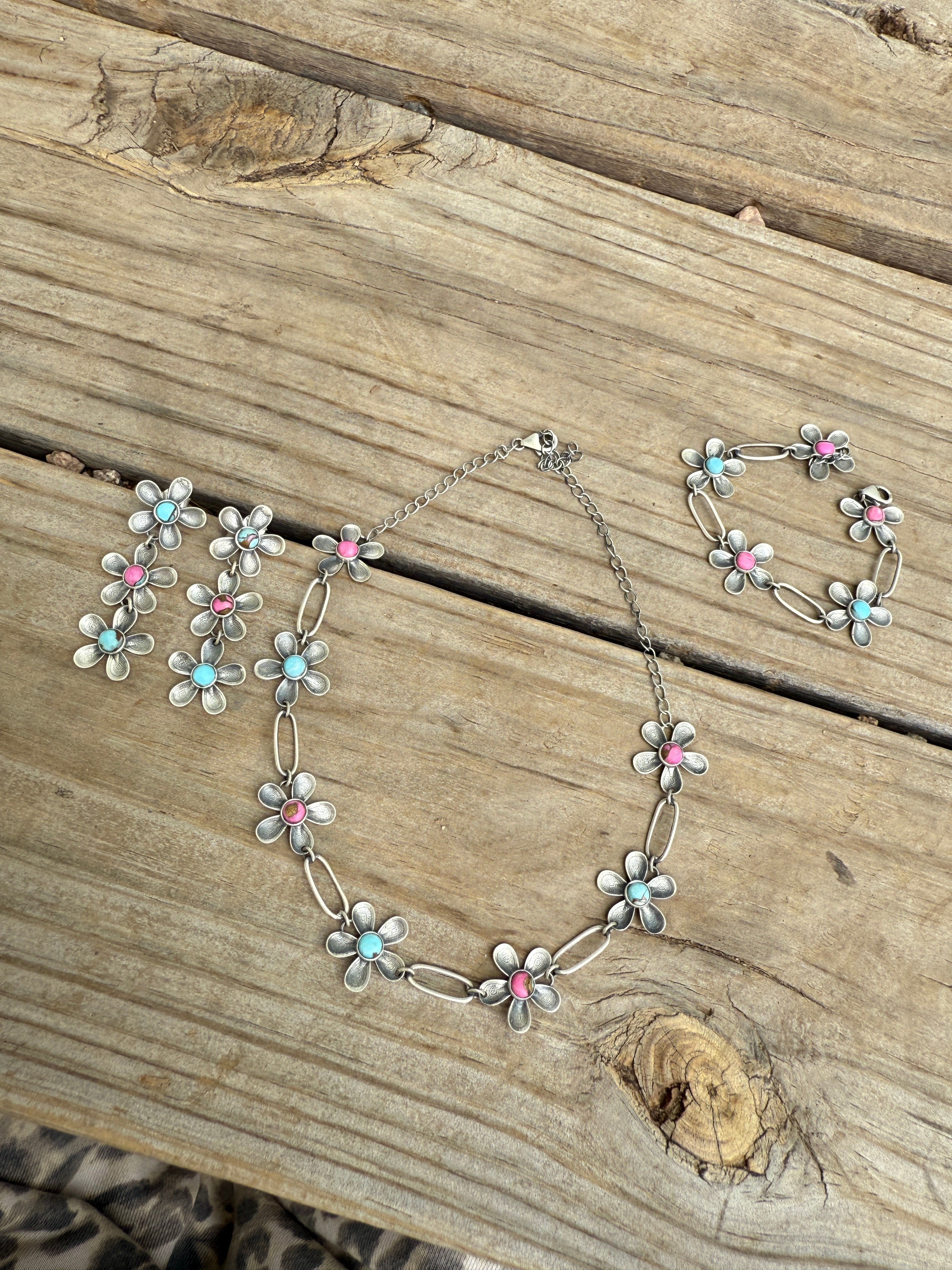 Handmade Sterling Silver Daisy Necklace Earrings & Bracelet Set Signed Nizhoni