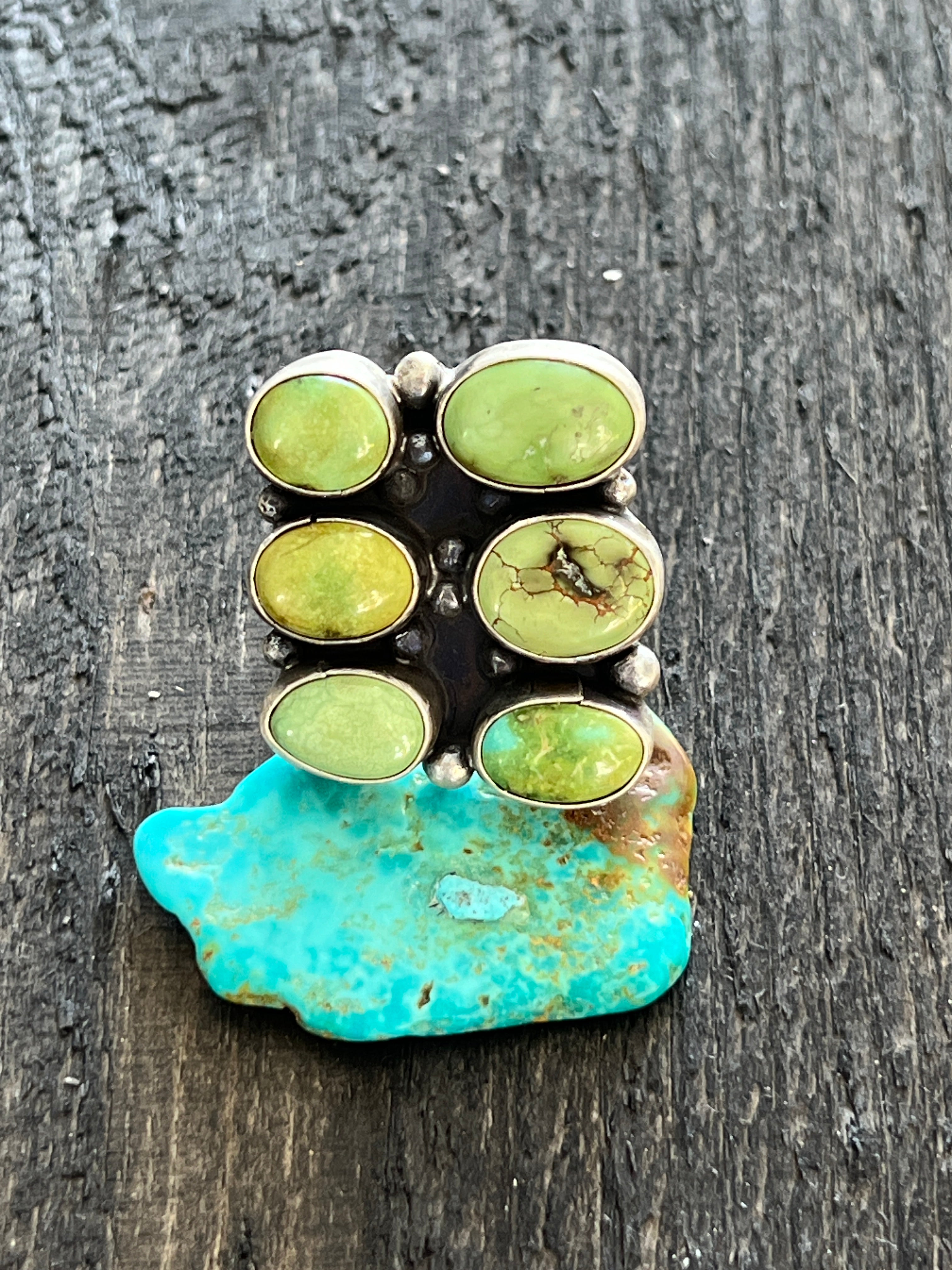 Handcrafted Sterling Silver and Sonoran Gold Turquoise Cluster Rings by Travis Jim, Size 8