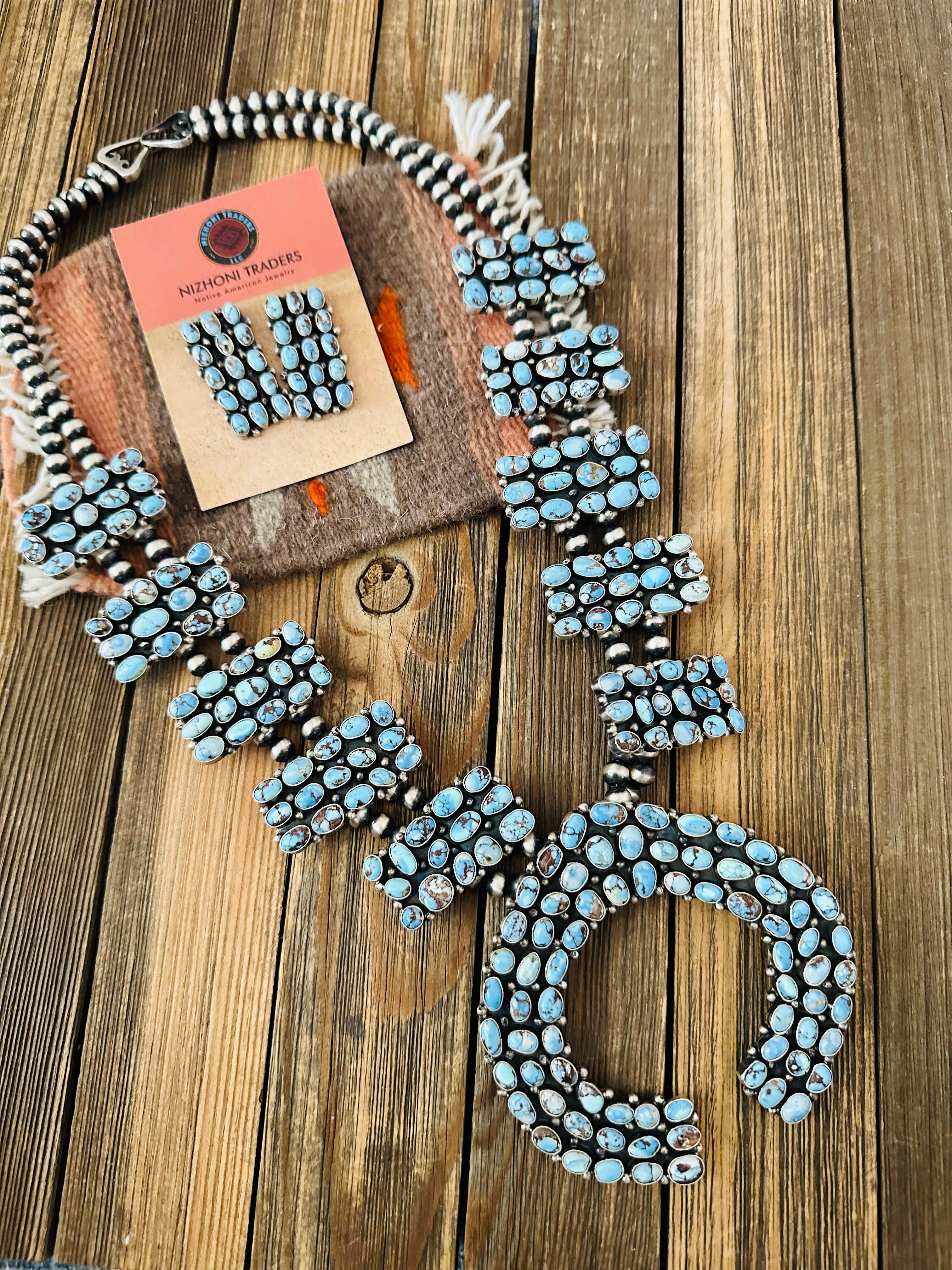 Navajo Golden Hills Turquoise & Sterling Silver Squash Blossom Necklace Set by B. Yellowhorse