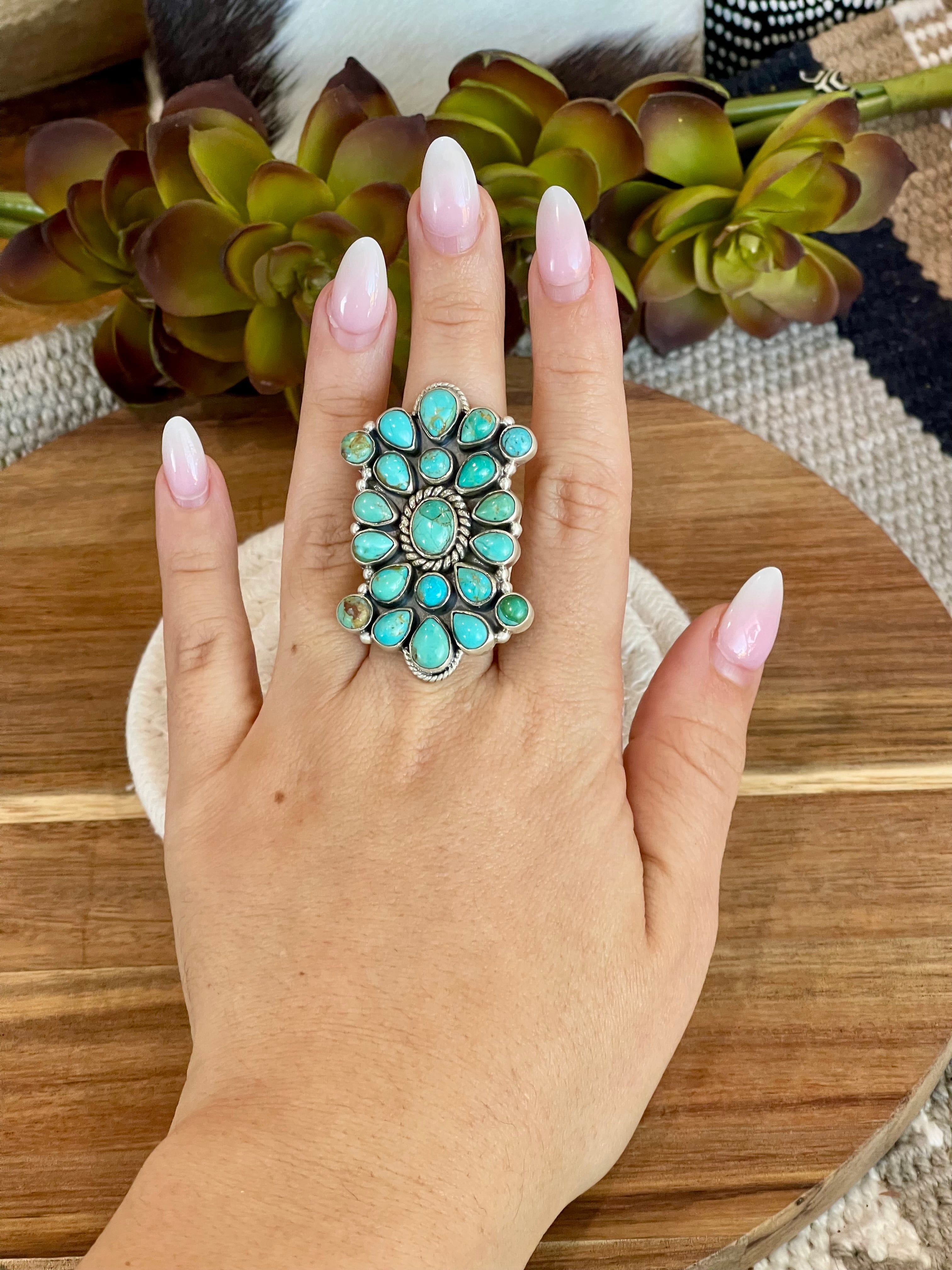 Handmade Turquoise & Sterling Adjustable Cluster Ring