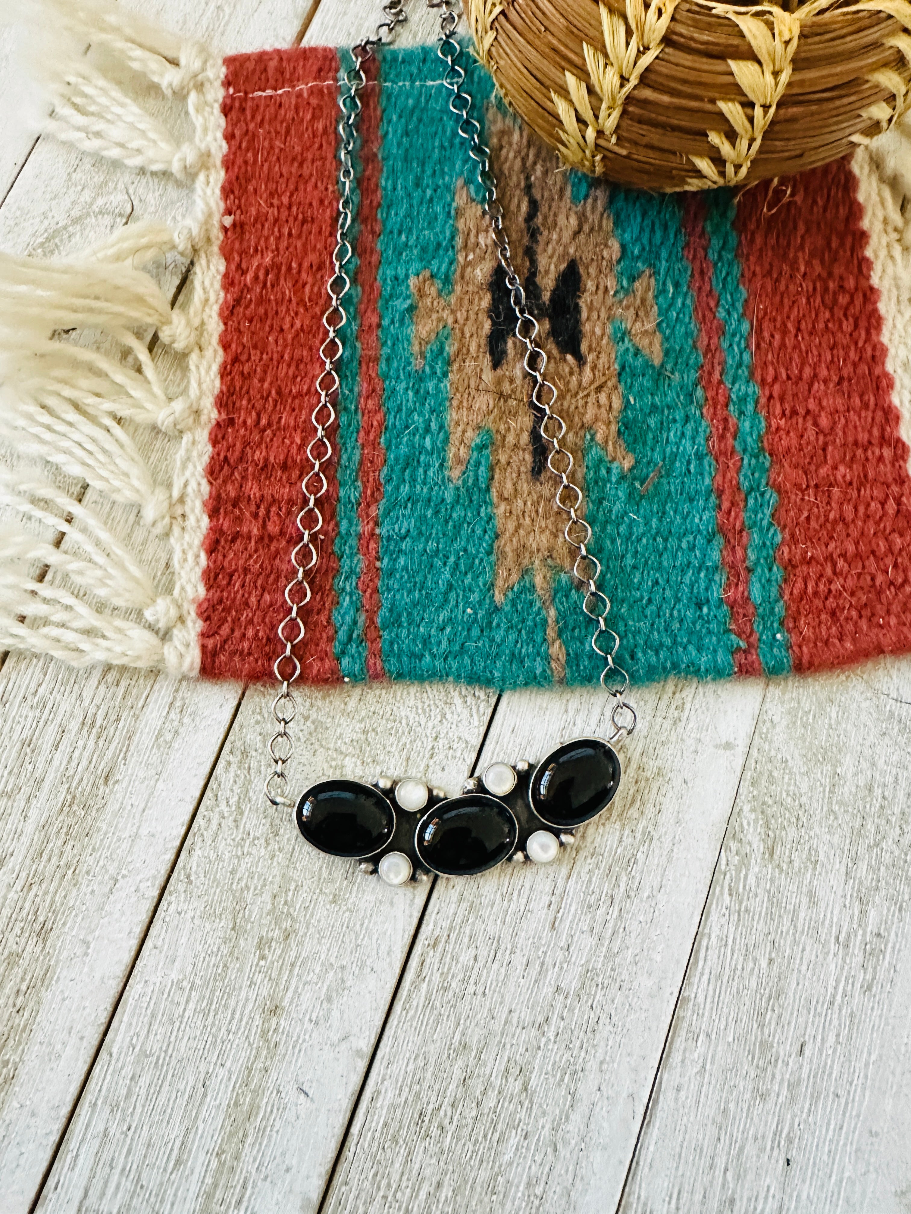 Handcrafted Black Onyx, Mother of Pearl & Sterling Silver Necklace