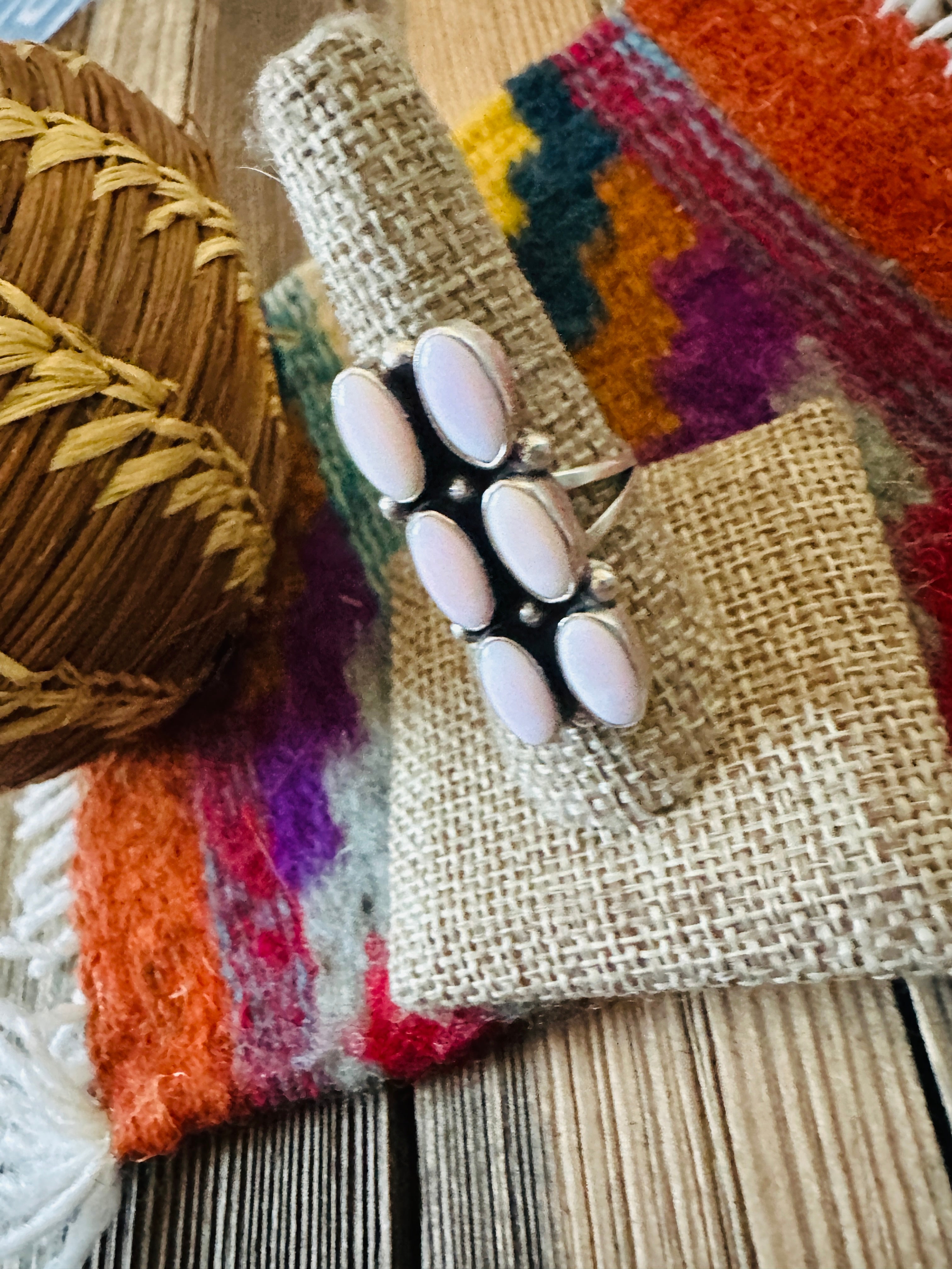 Handcrafted Queen Pink Conch & Sterling Silver Cluster Ring Size 9