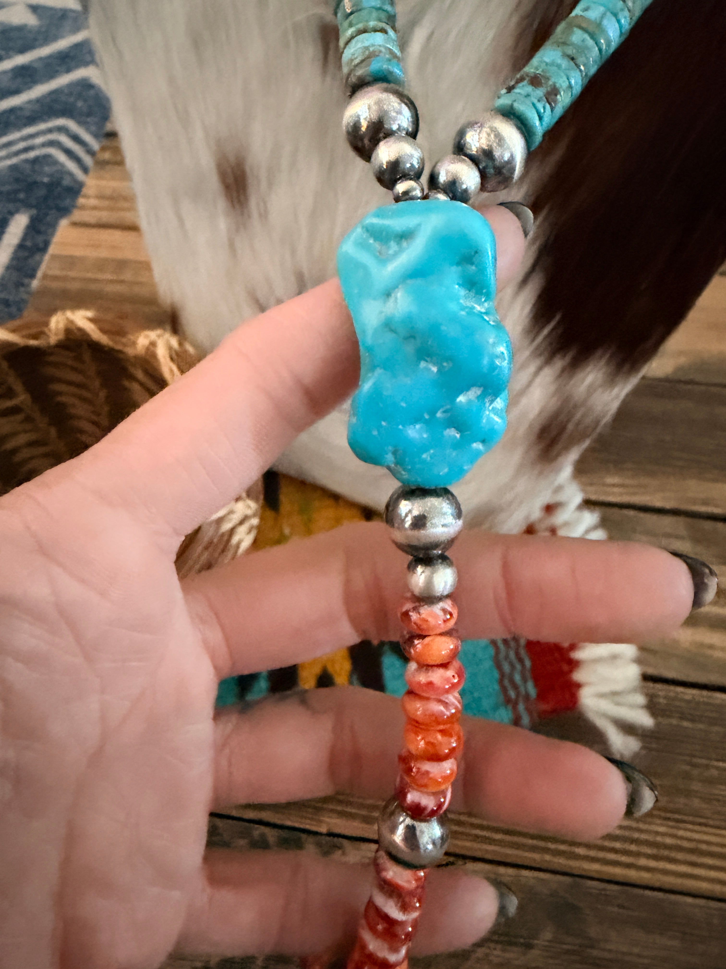 Handcrafted Spiny Oyster, Turquoise & Sterling Silver Beaded Lariat Necklace