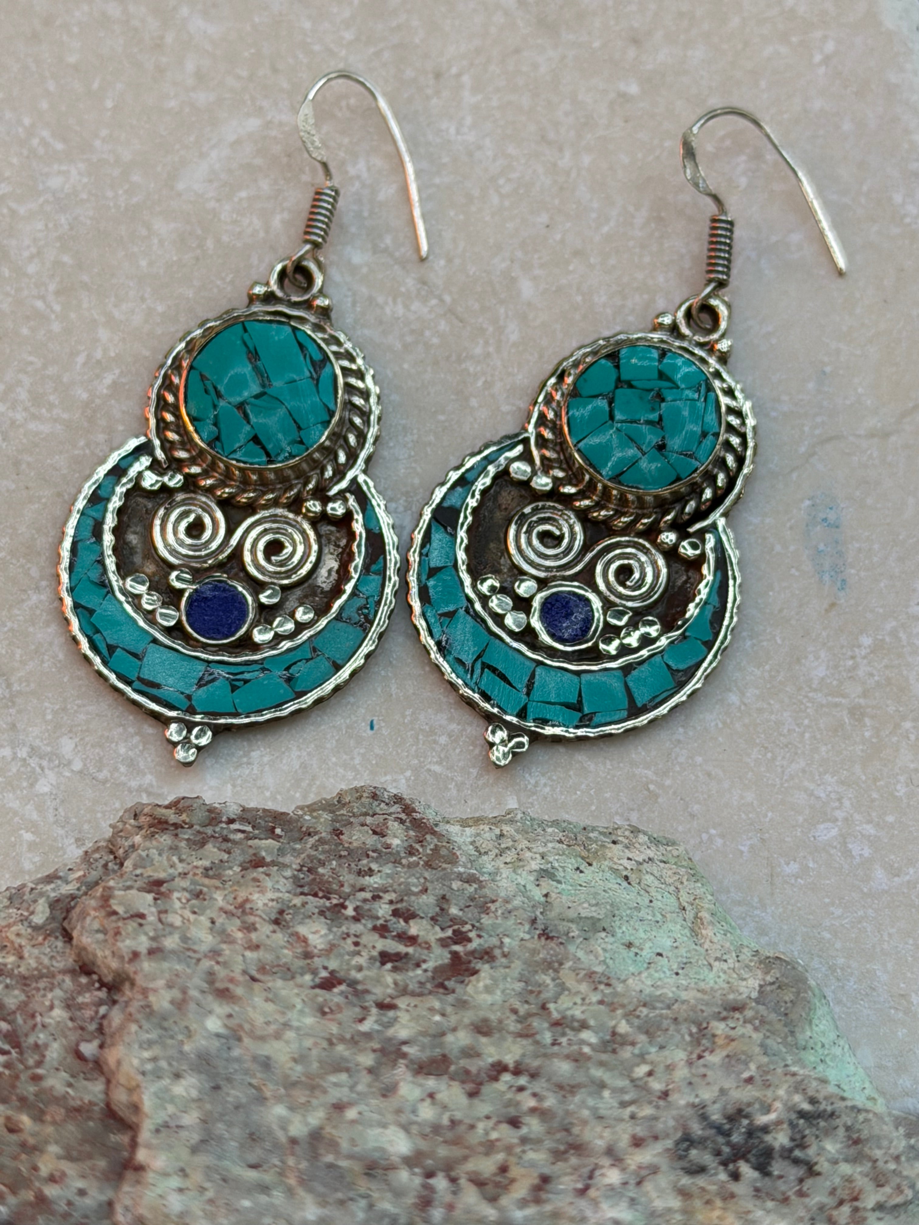 Southwestern Turquoise Mosaic & Lapis Statement Drop Earrings