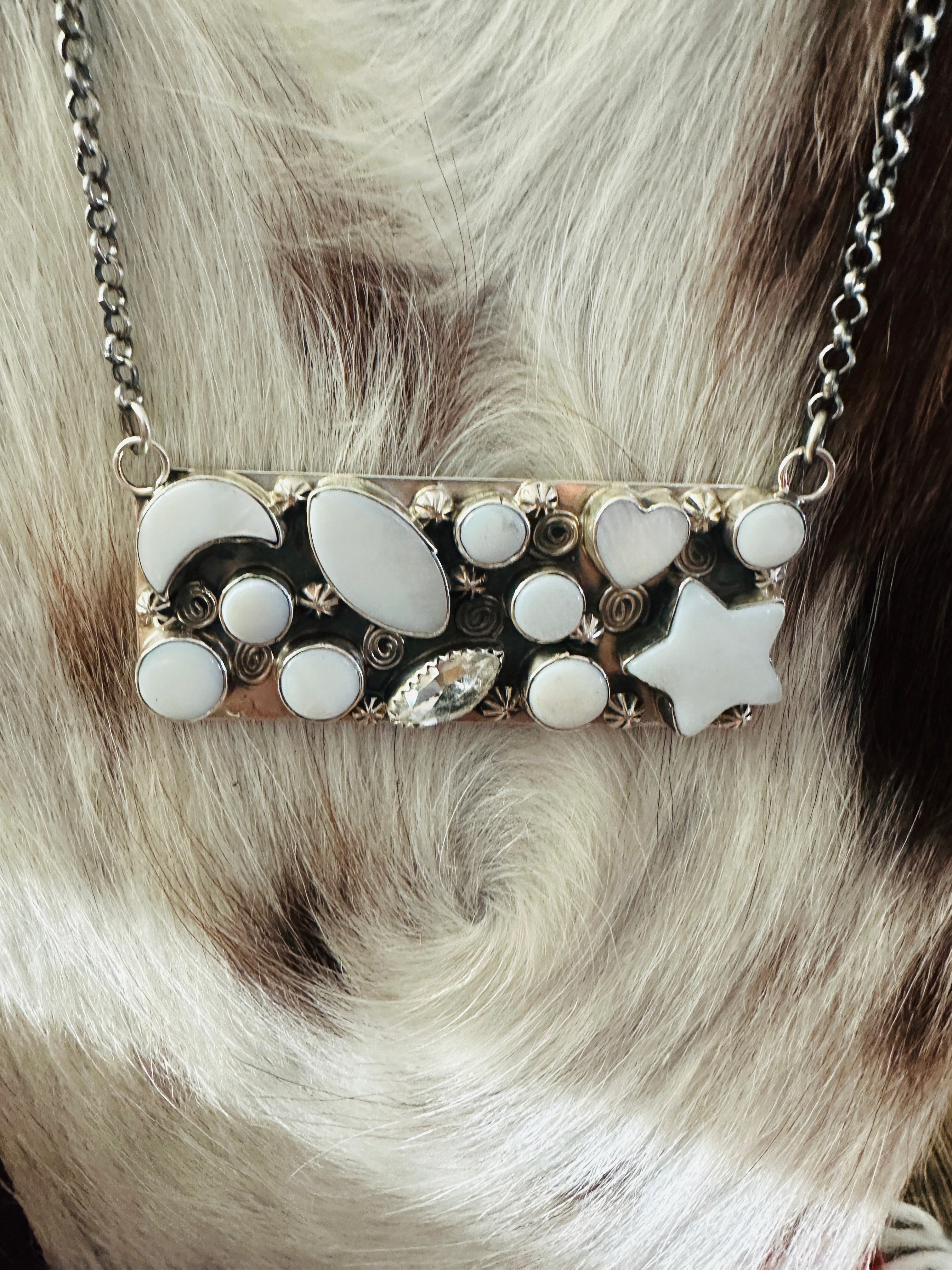 Handcrafted Mother of Pearl, CZ & Sterling Silver Bar Necklace by Jacqueline Silver