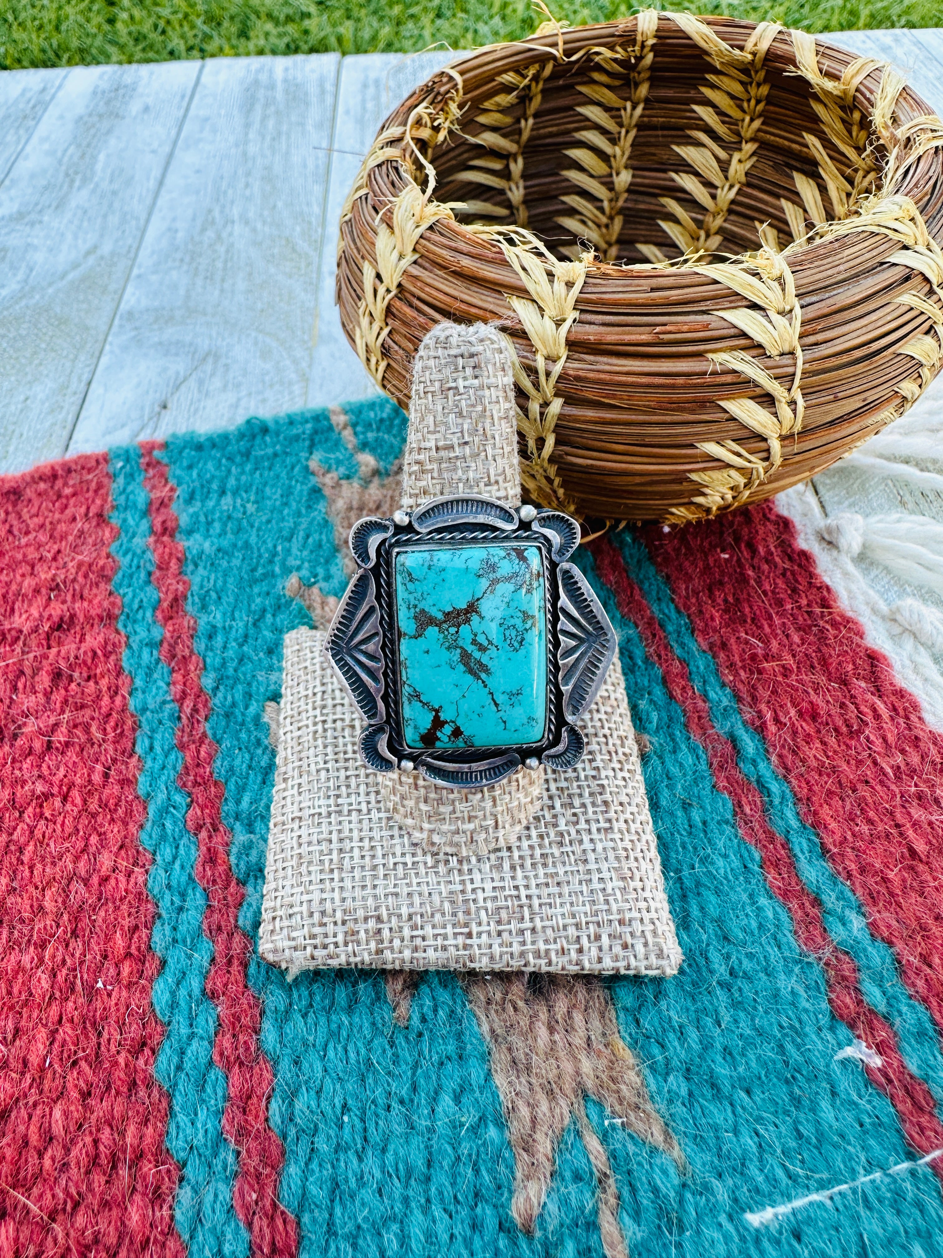 Hand Crafted Turquoise & Sterling Silver Ring Size 9 by Sheila Tso