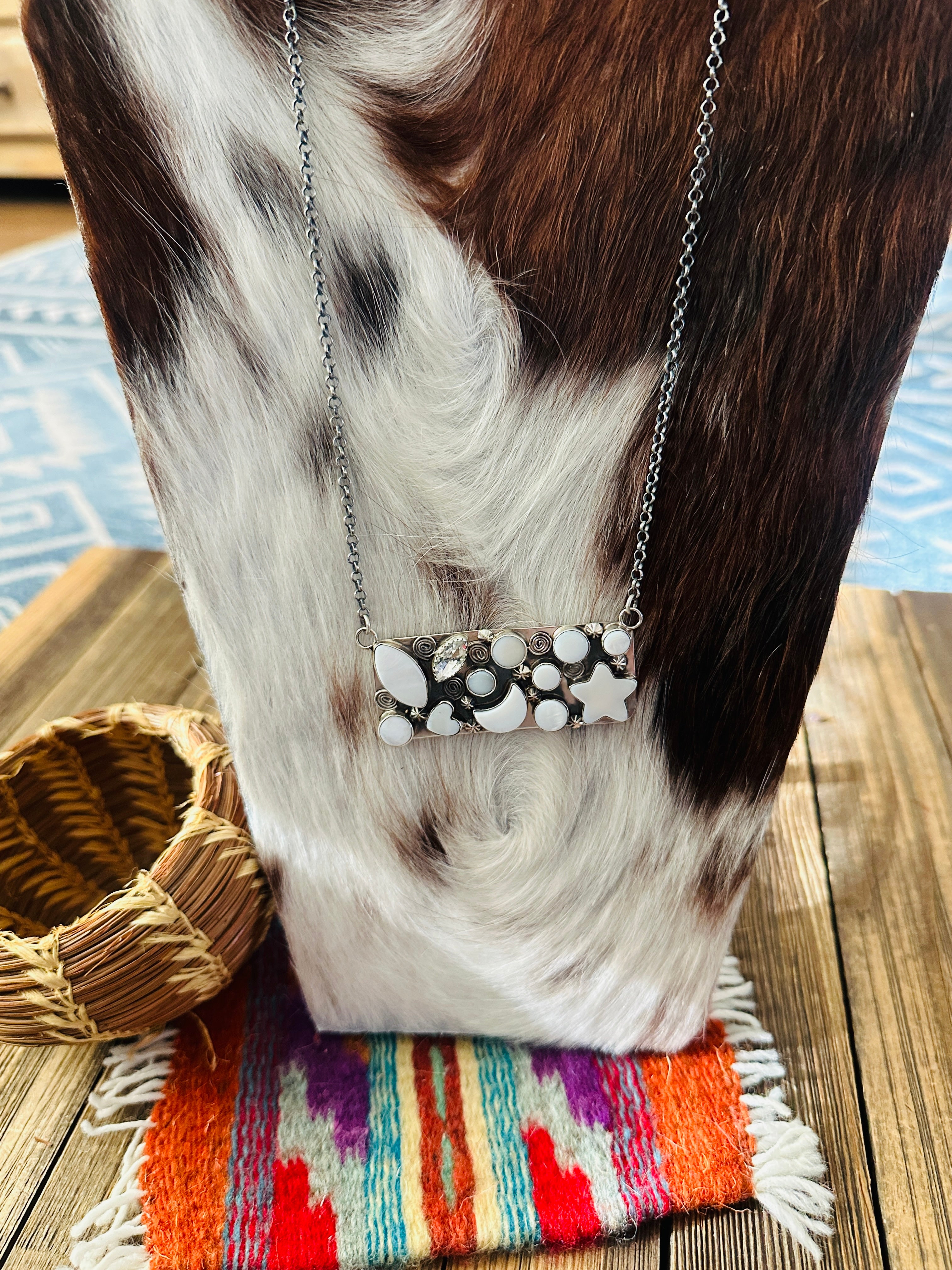 Handcrafted Mother of Pearl, CZ & Sterling Silver Bar Necklace by Jacqueline Silver