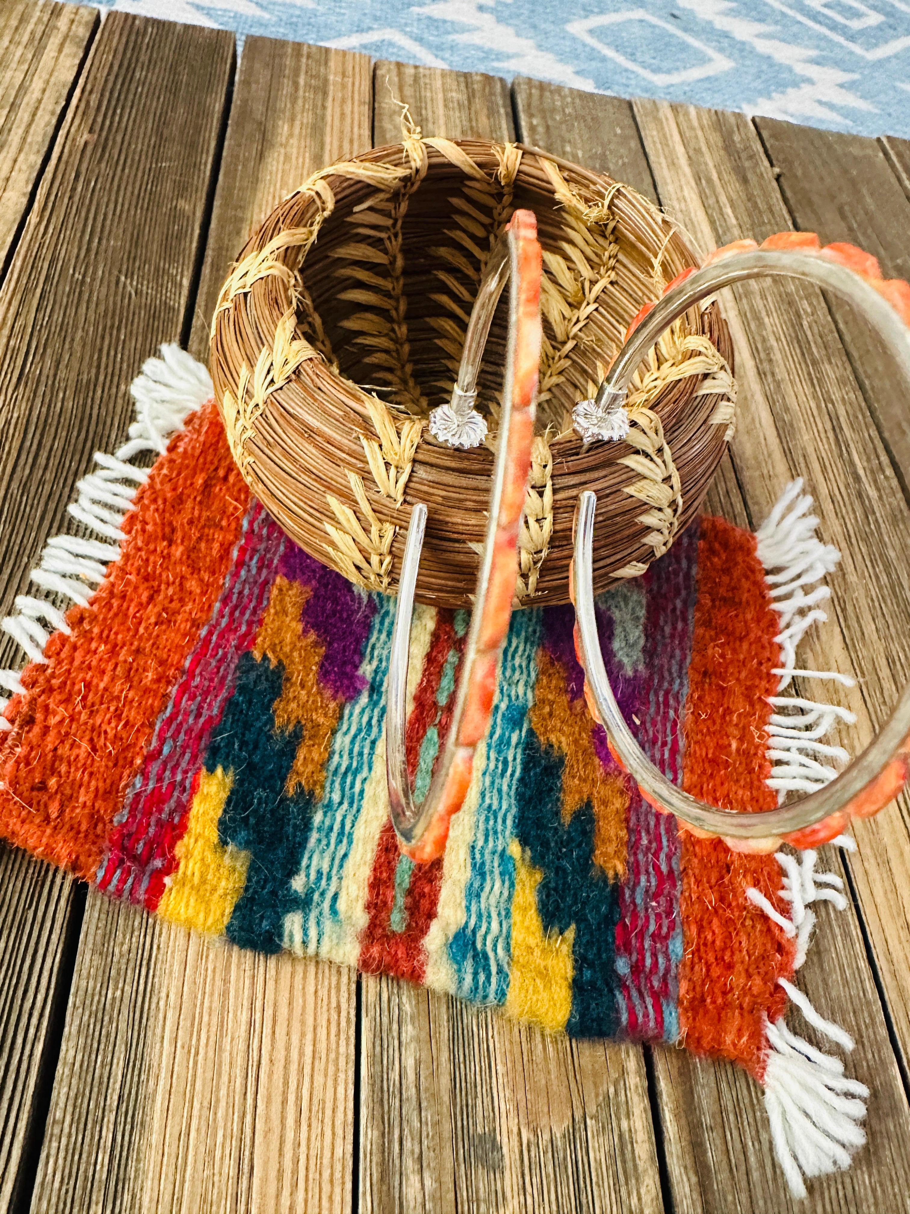 Handcrafted Spiny Oyster & Sterling Silver Hoop Earrings by Federico Jimenez