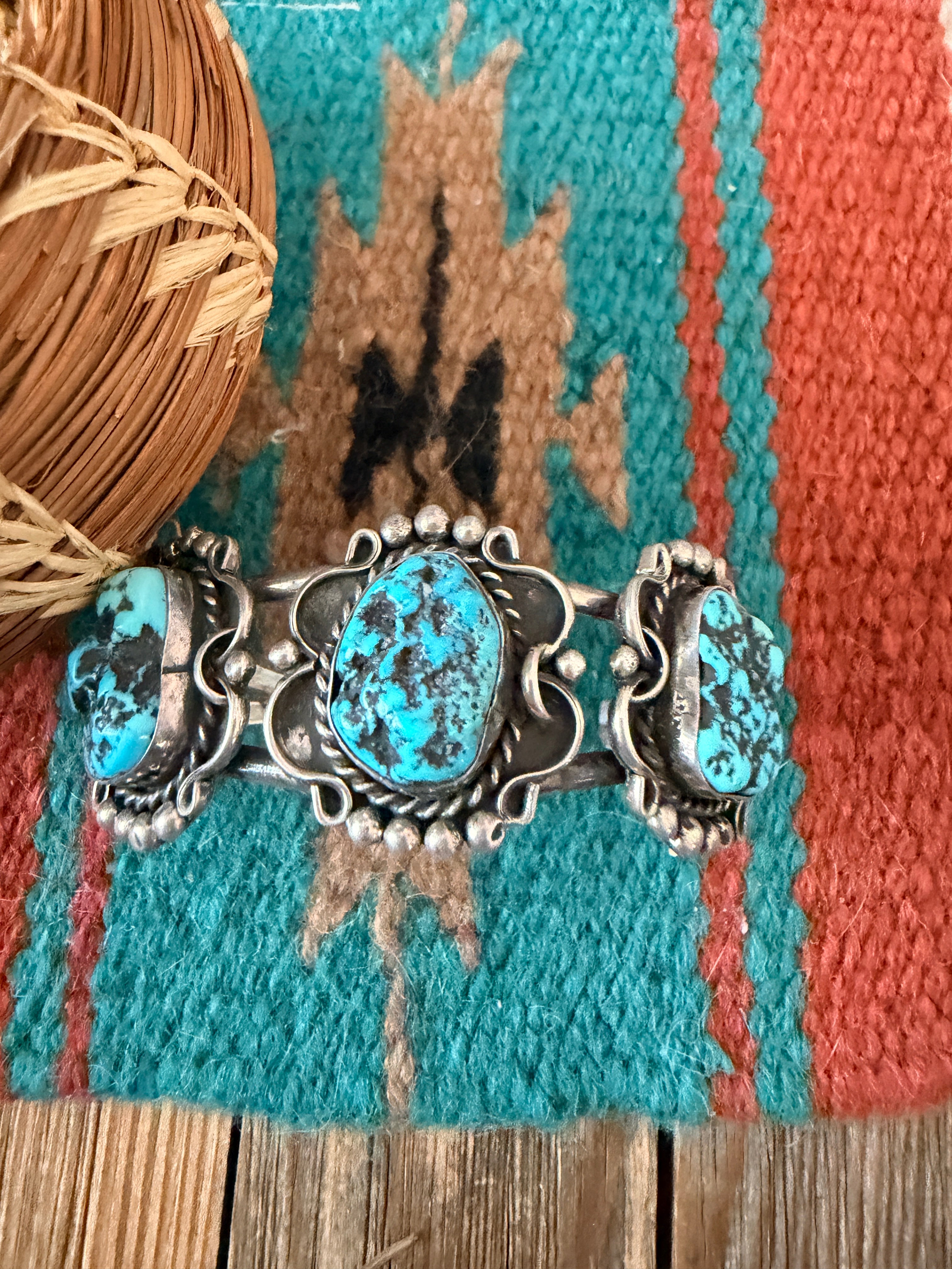 Handcrafted Old Pawn Sterling Silver & Blue Diamond Turquoise Cuff Bracelet