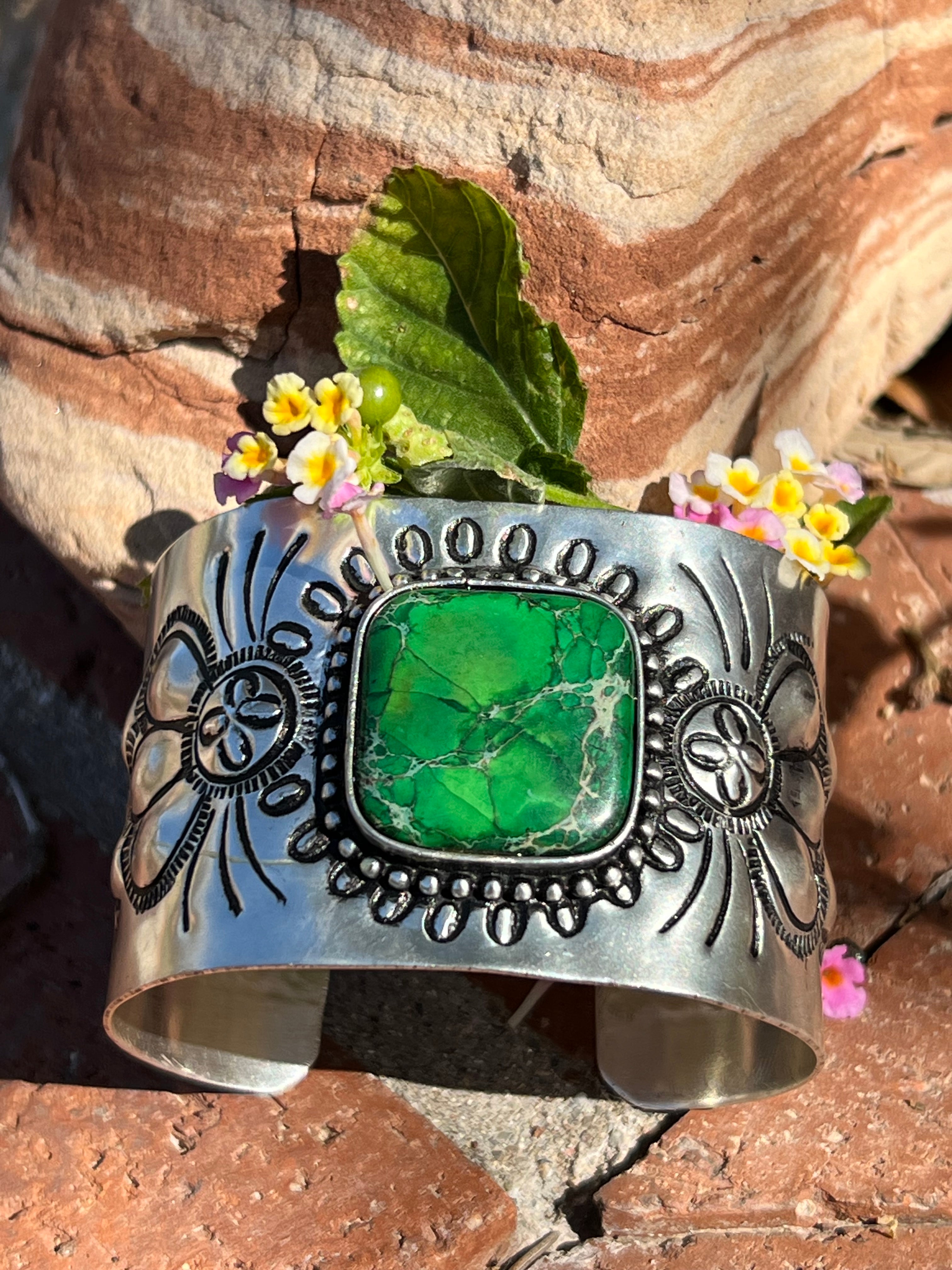 Engraved Silver Plated Cuff Bracelet with Green Stone