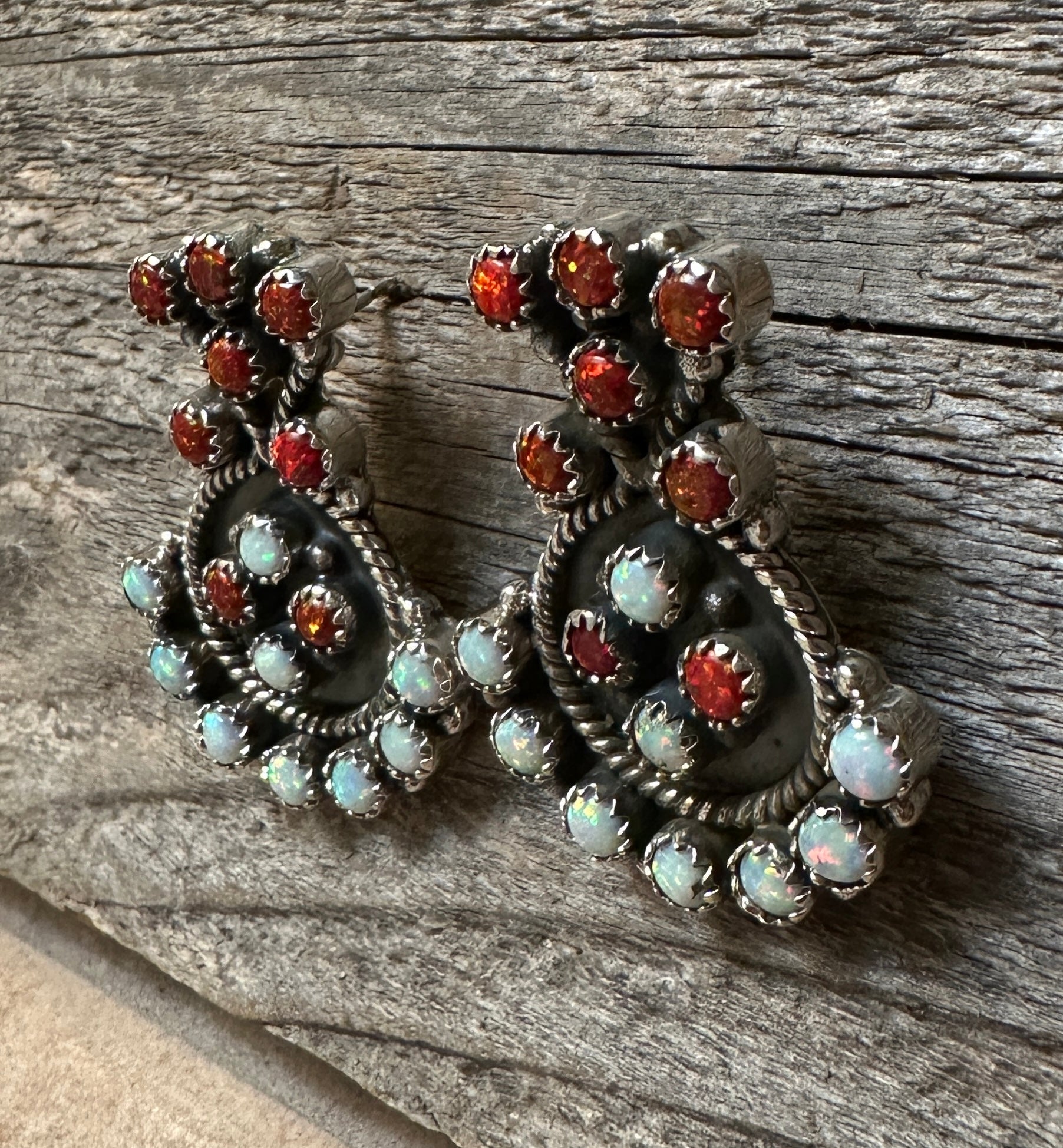 Handmade Red & White Fire Opal Sterling Silver Post Earrings