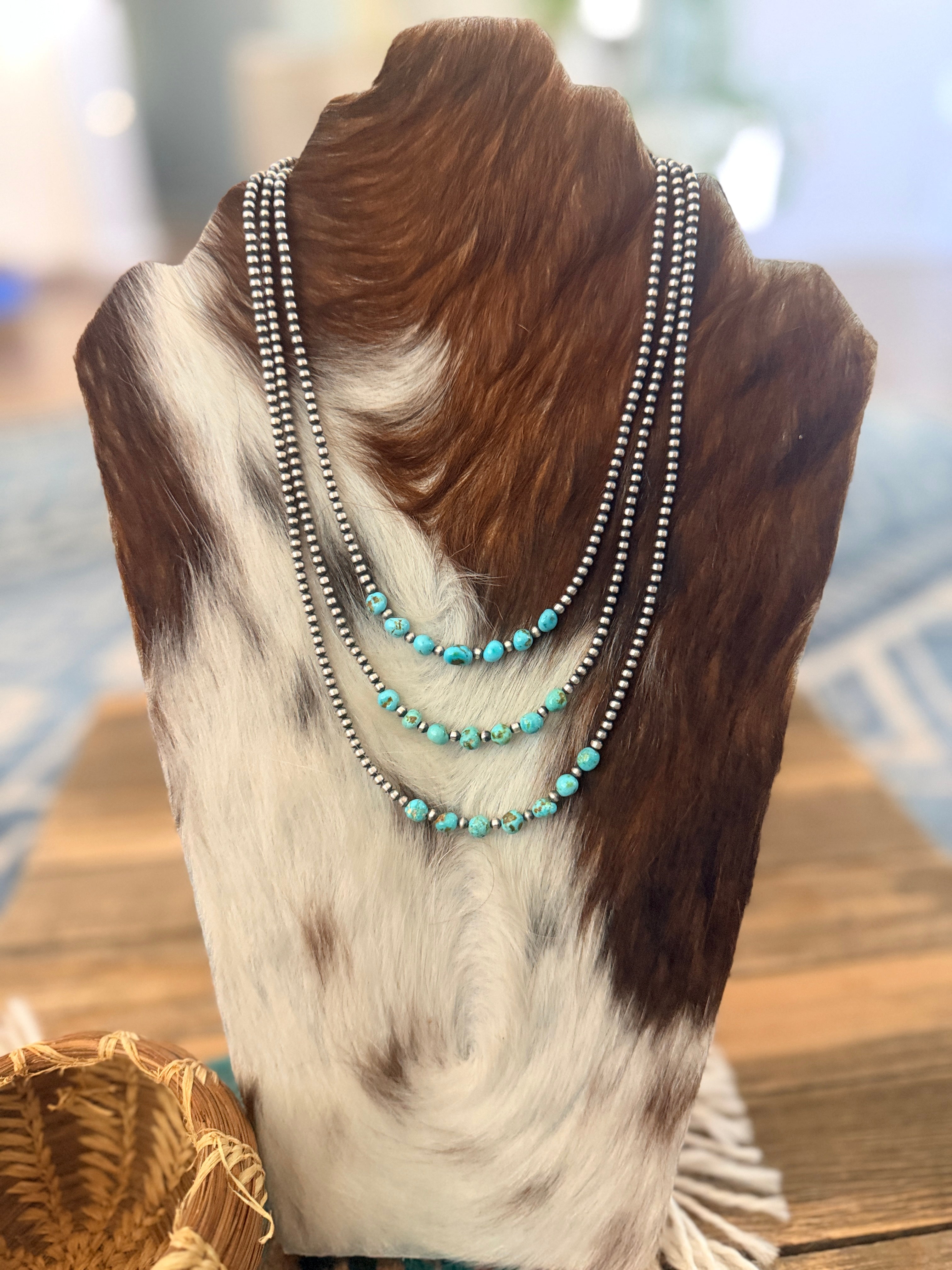 Handcrafted Turquoise & 3mm Sterling Silver Pearl Beaded Necklace