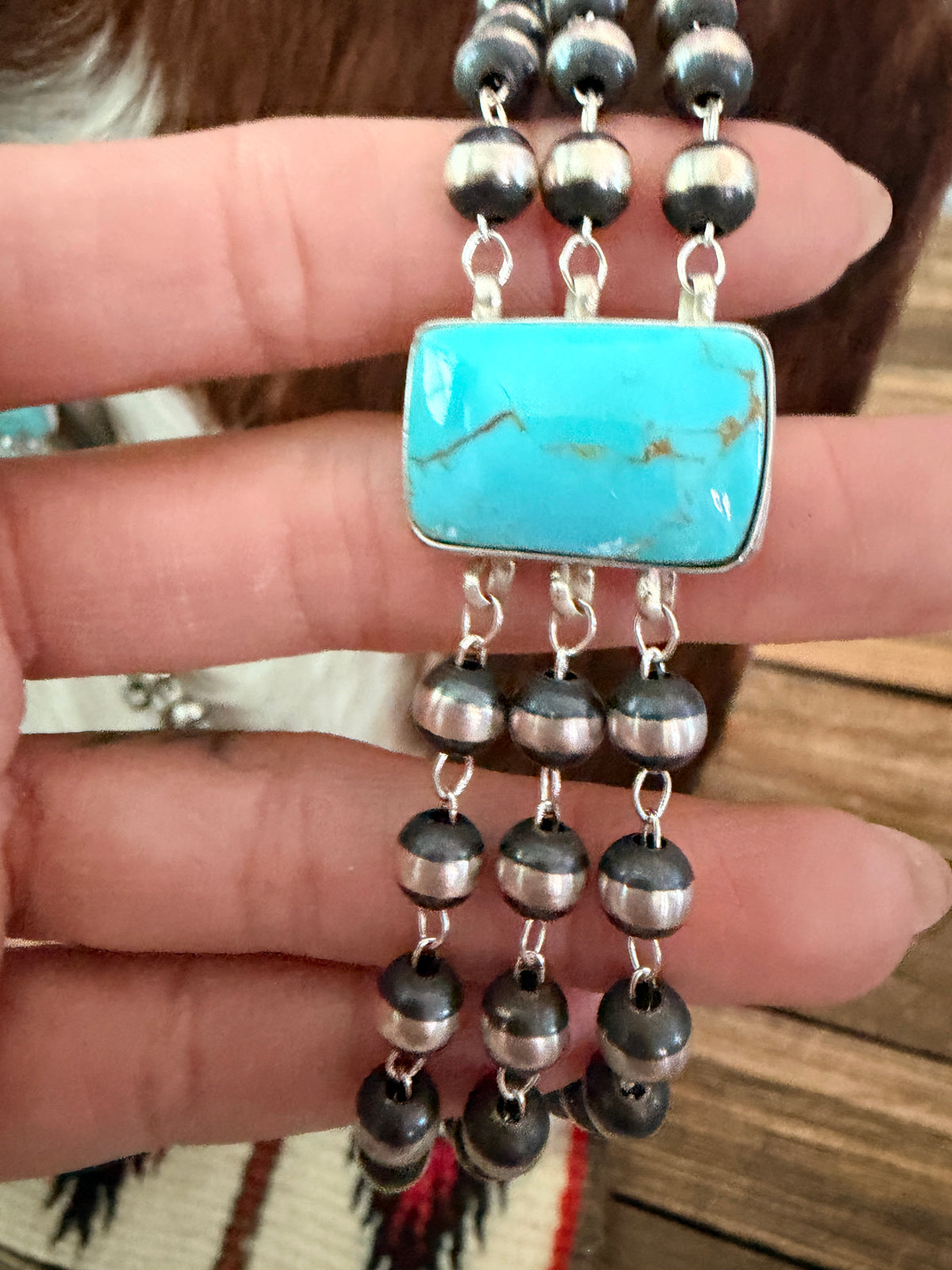 Handcrafted Turquoise & Sterling Silver Pearl Triple-Strand Beaded Necklace