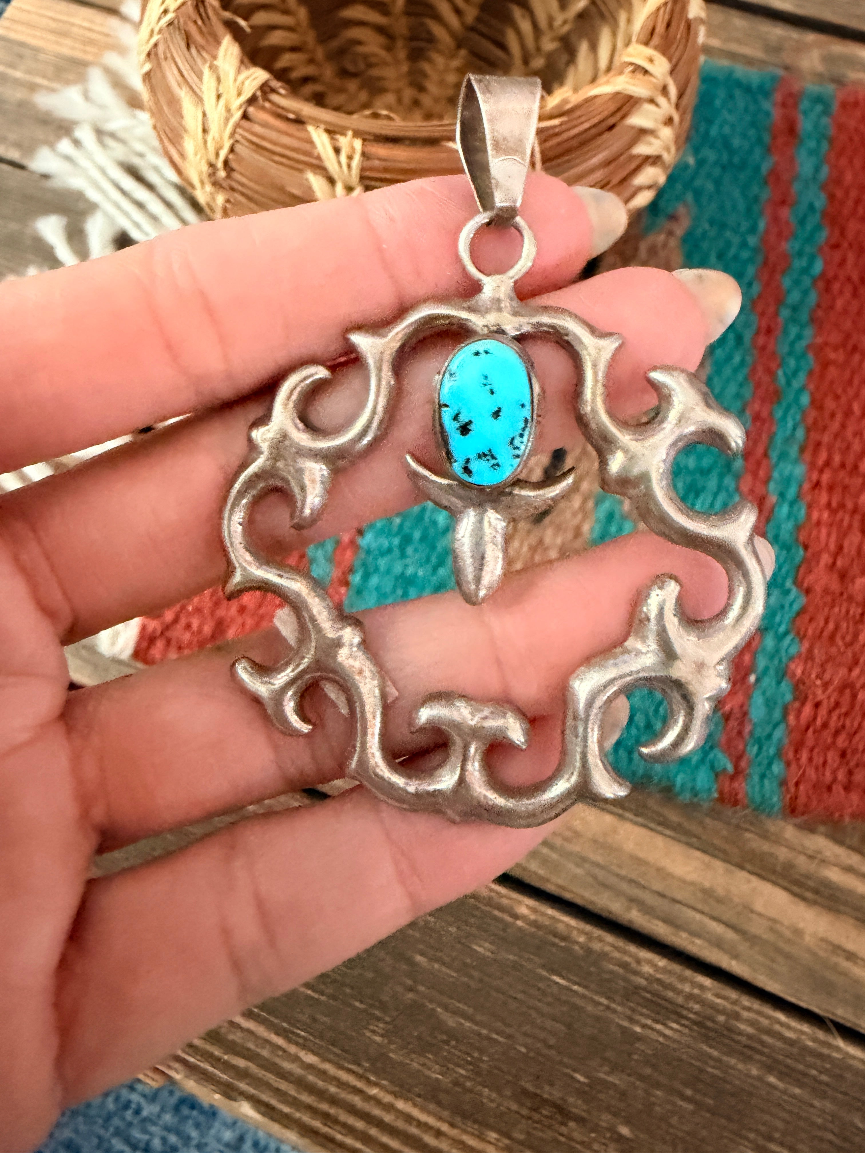 Old Pawn Handcrafted Turquoise and Sterling Silver Pendant
