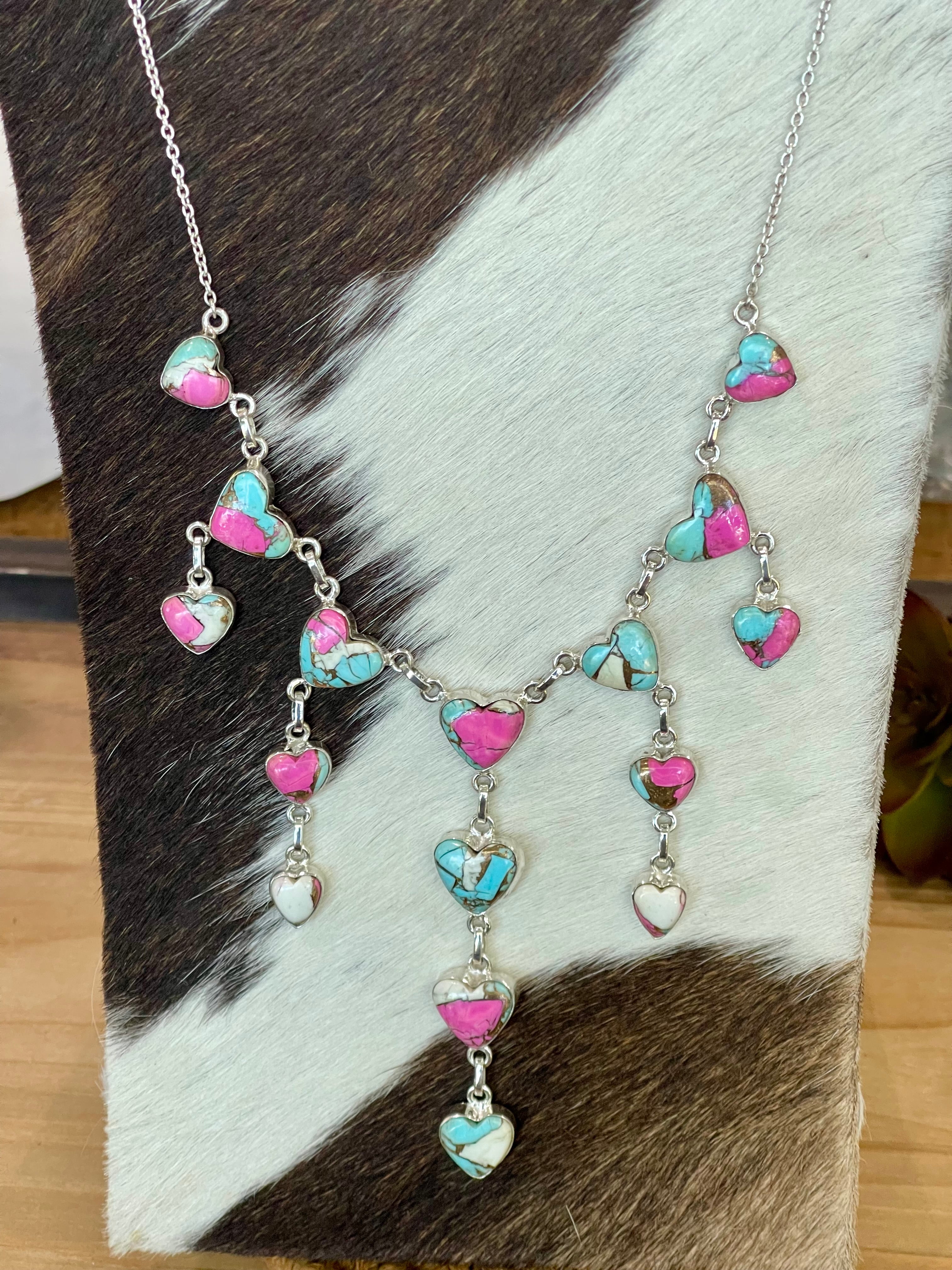 Handmade Sterling Silver Cotton Candy Turquoise Heart Drop Necklace with Signed Nizhoni