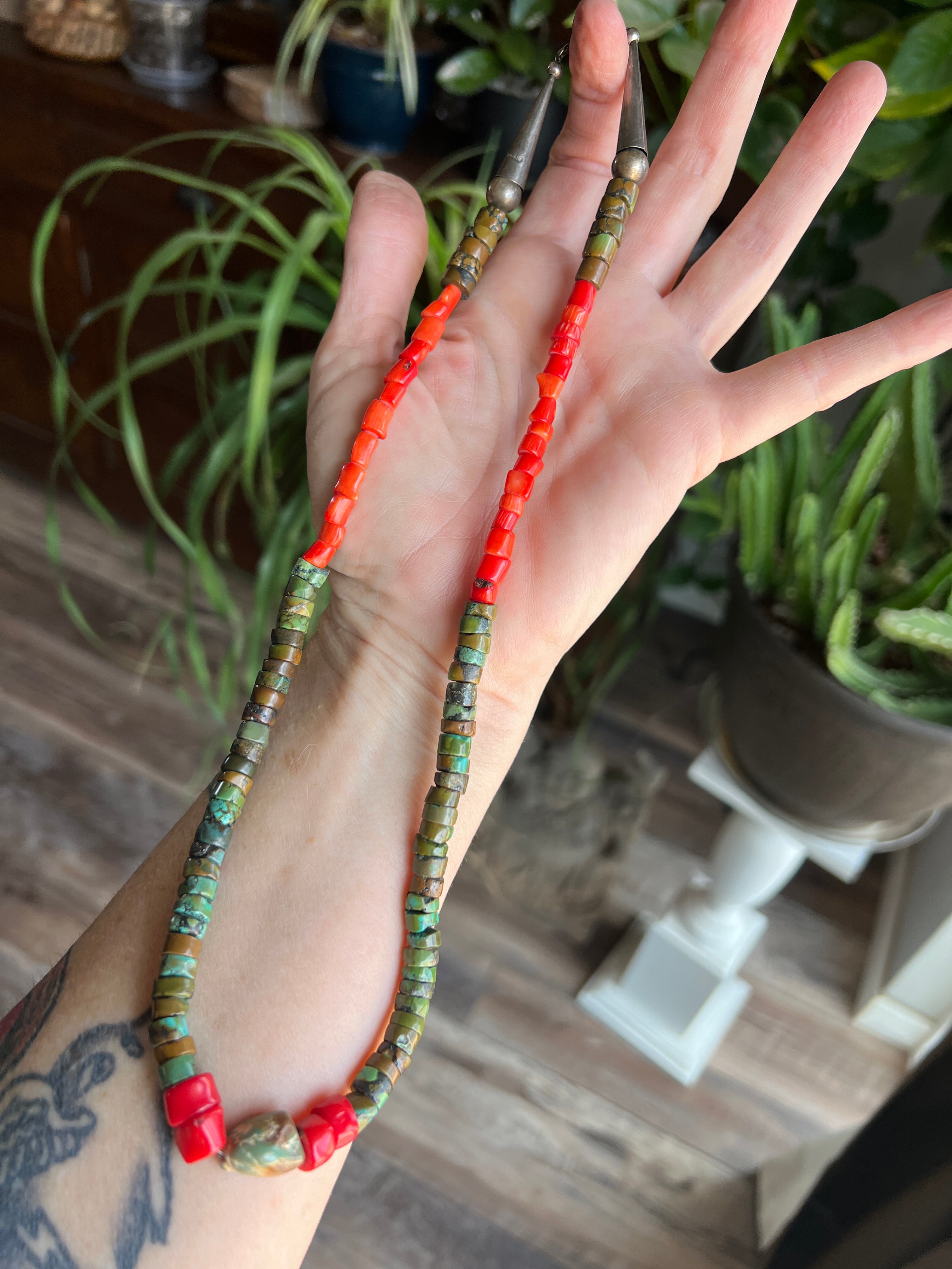 Handcrafted Hubei Turquoise Beaded Necklace with Sterling Silver and Bamboo Coral by Kirby Smith: 13 To Choose From!