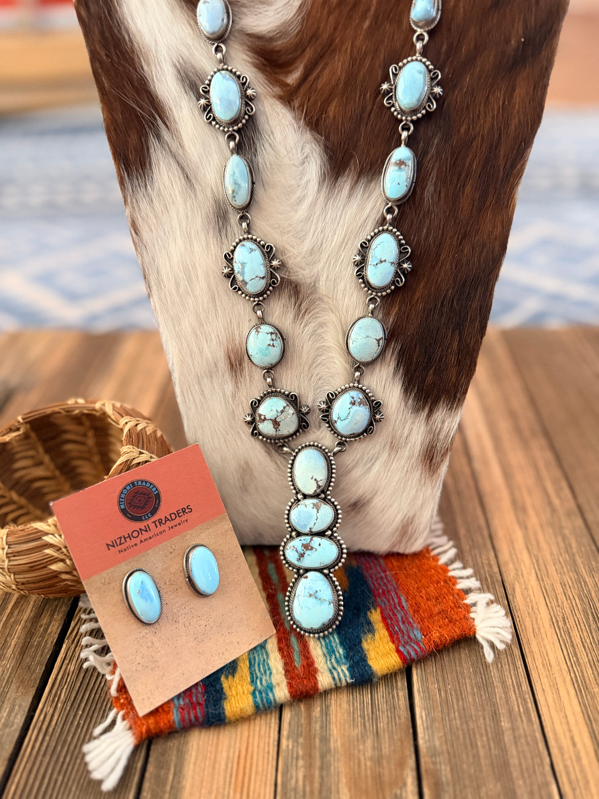 Handcrafted Golden Hills Turquoise & Sterling Silver Necklace and Earring Set by Blaine Yellowhorse