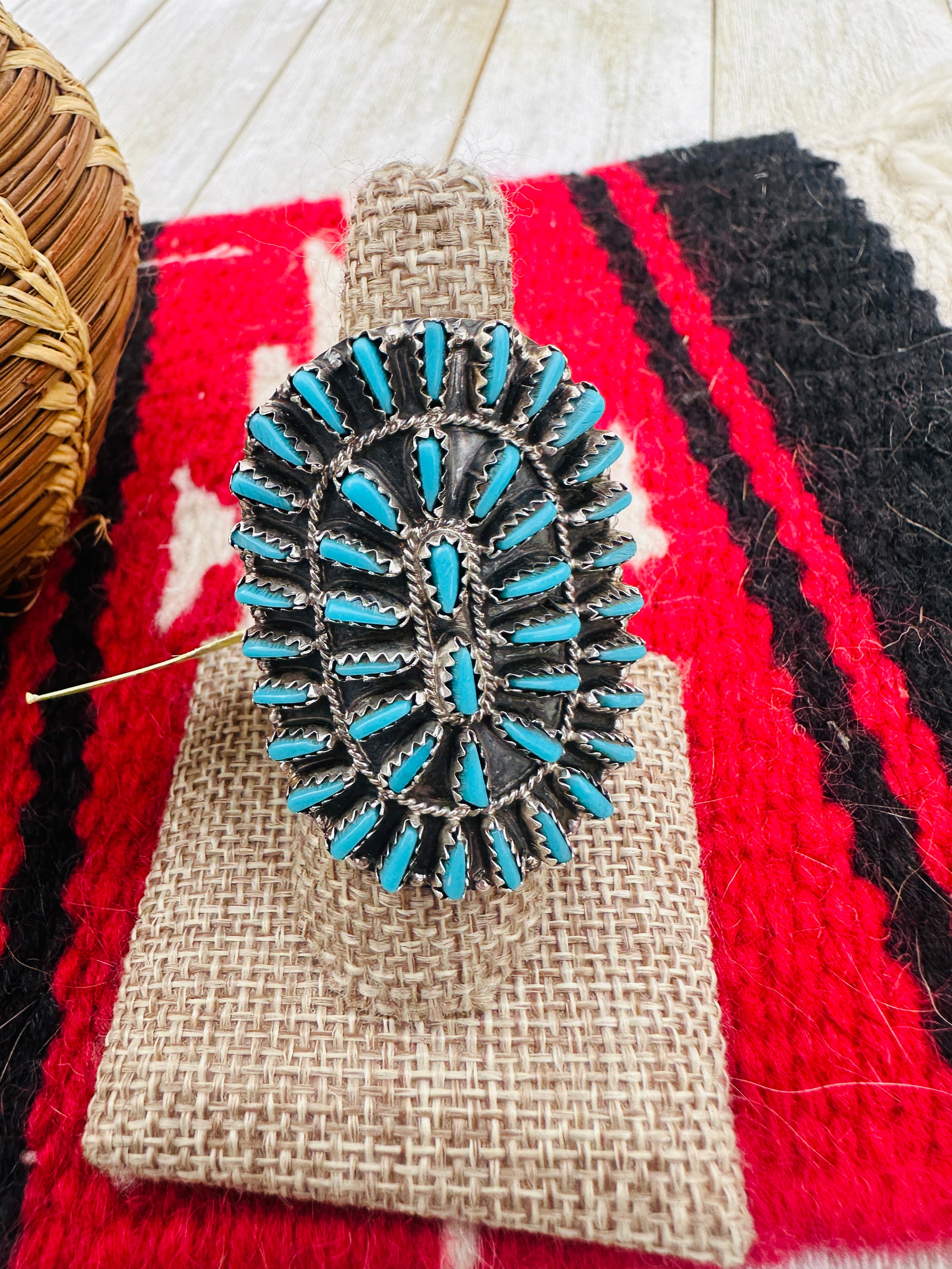 Old Pawn Handcrafted Turquoise & Sterling Silver Cluster Ring Size 8