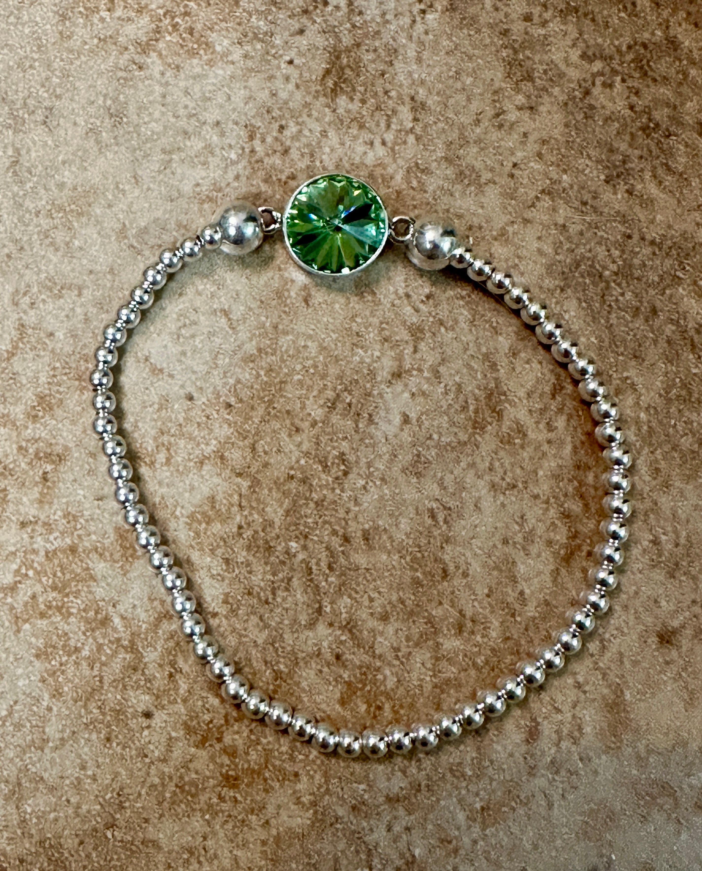 Beaded Sterling Silver Stretch Bracelet w/ Center Crystal Peridot