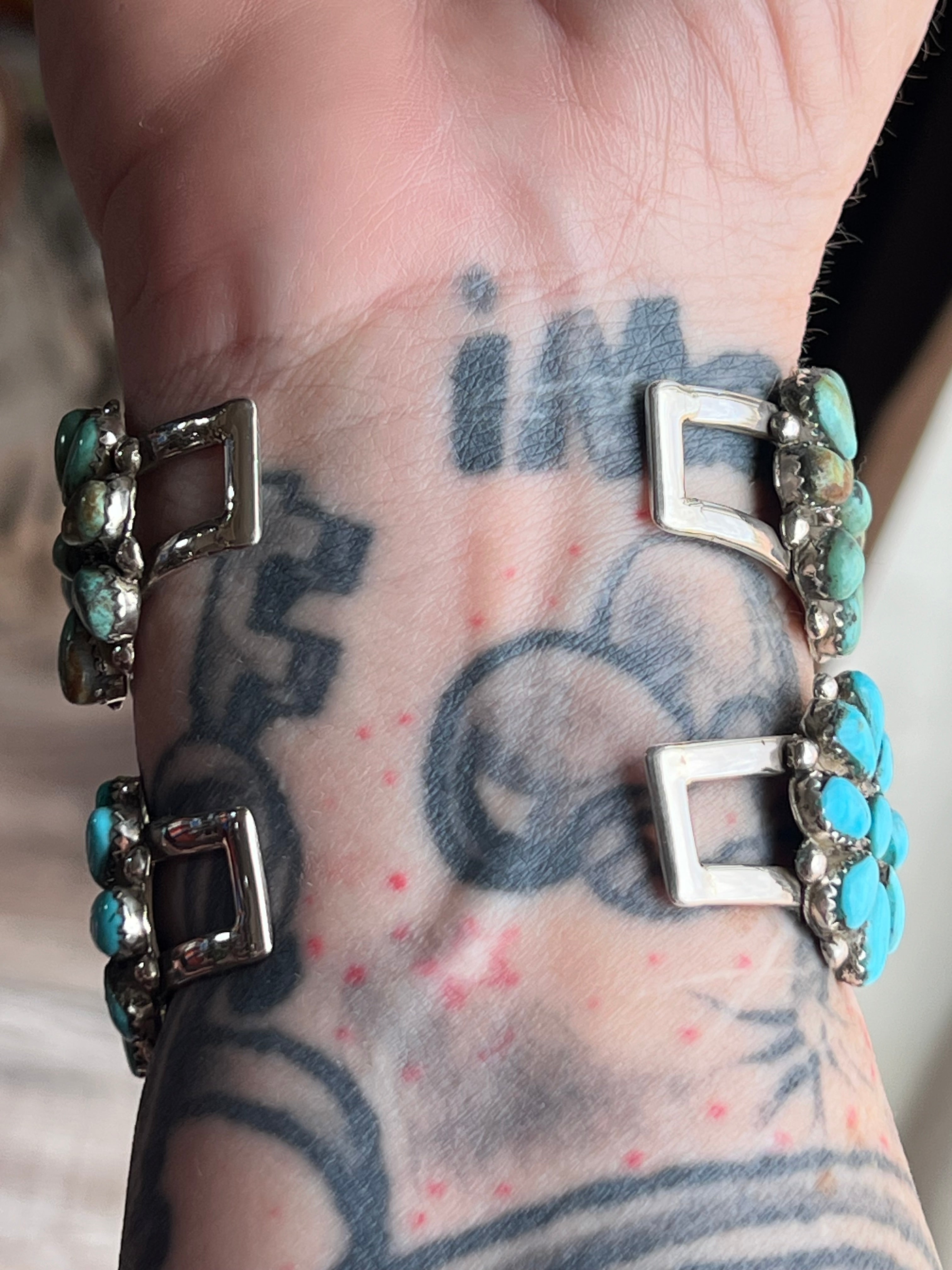 Handcrafted Old Pawn Sterling Silver and Mixed Turquoise Daisy Cluster Cuff Bracelet, Signed MA /