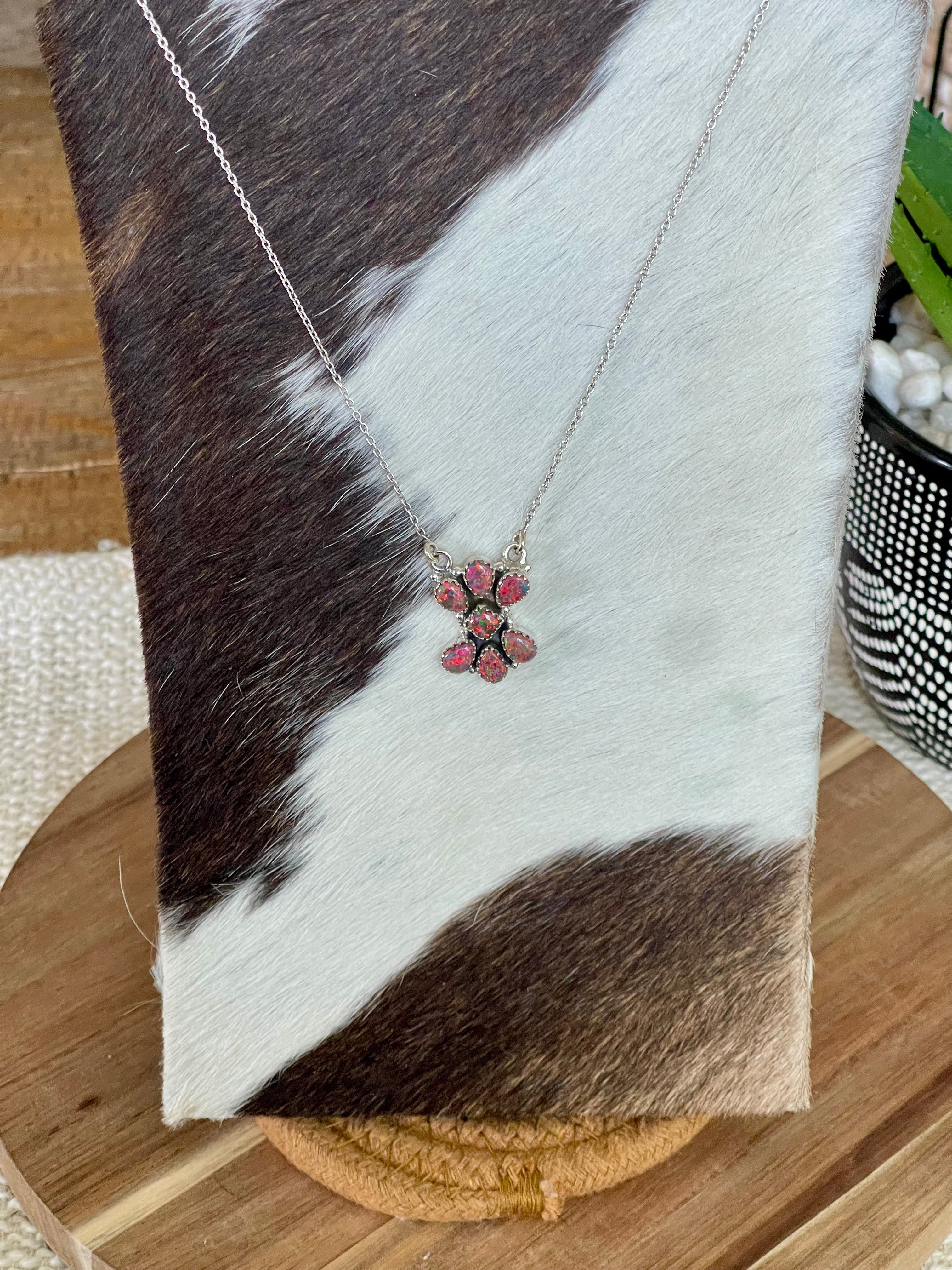 Handcrafted Sterling Silver & Red Fire Opal Cluster Necklace