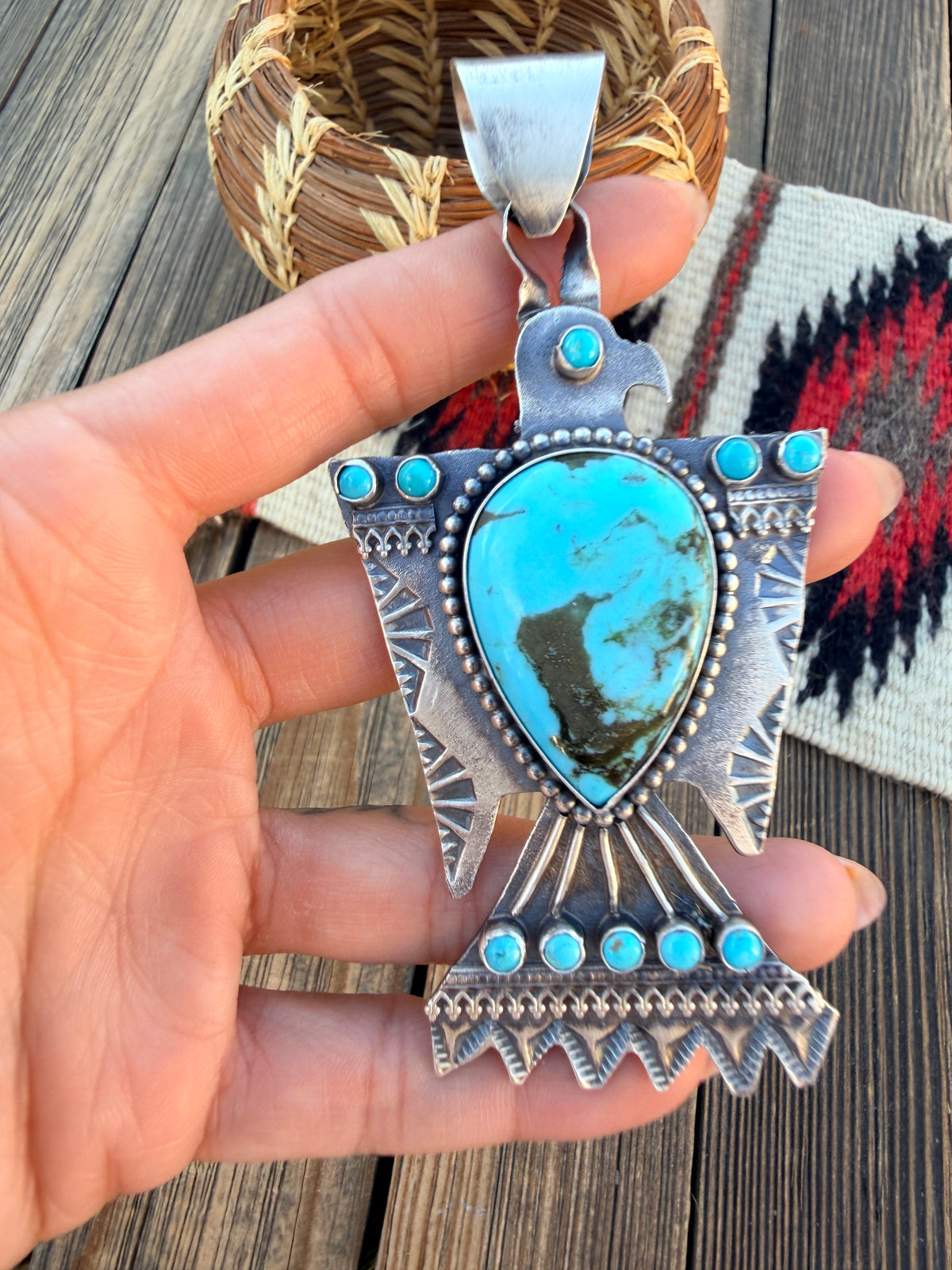 Handcrafted Sterling Silver & Turquoise Thunderbird Pendant by Shawn Cayatineto