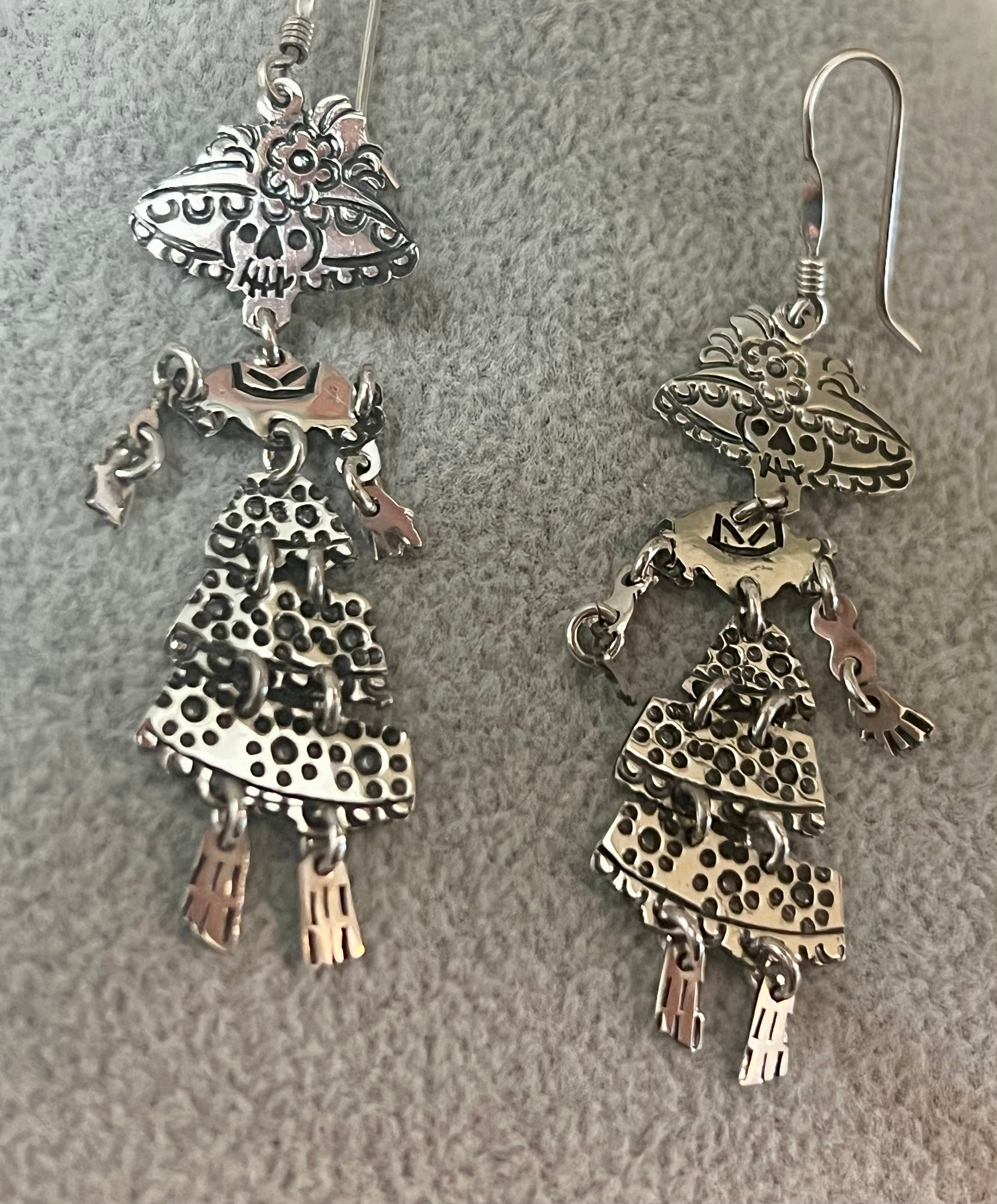 Hinged Catrina on Hook Sterling Silver Earrings