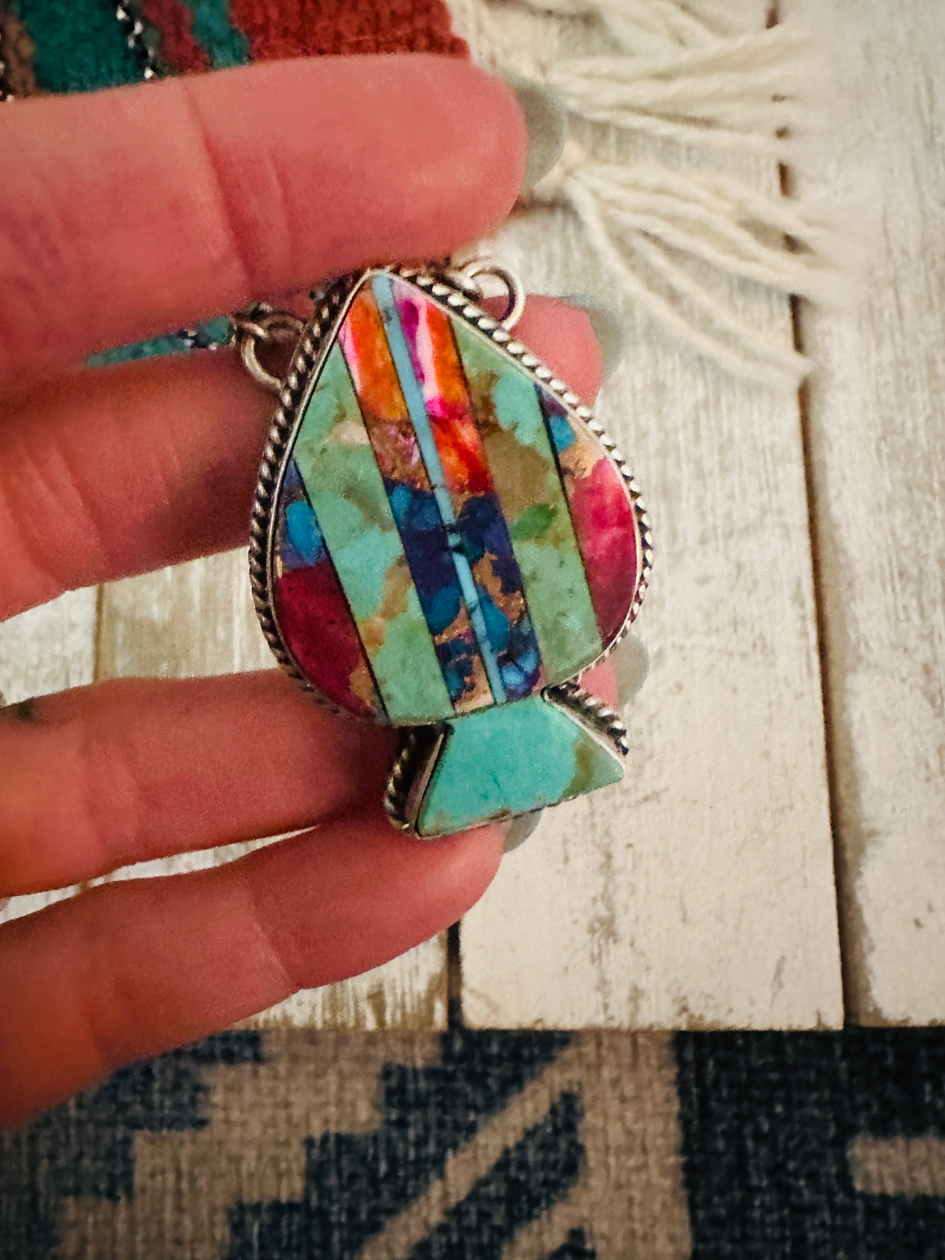 Navajo Sterling Silver & Multi Stone Inlay Spade Necklace