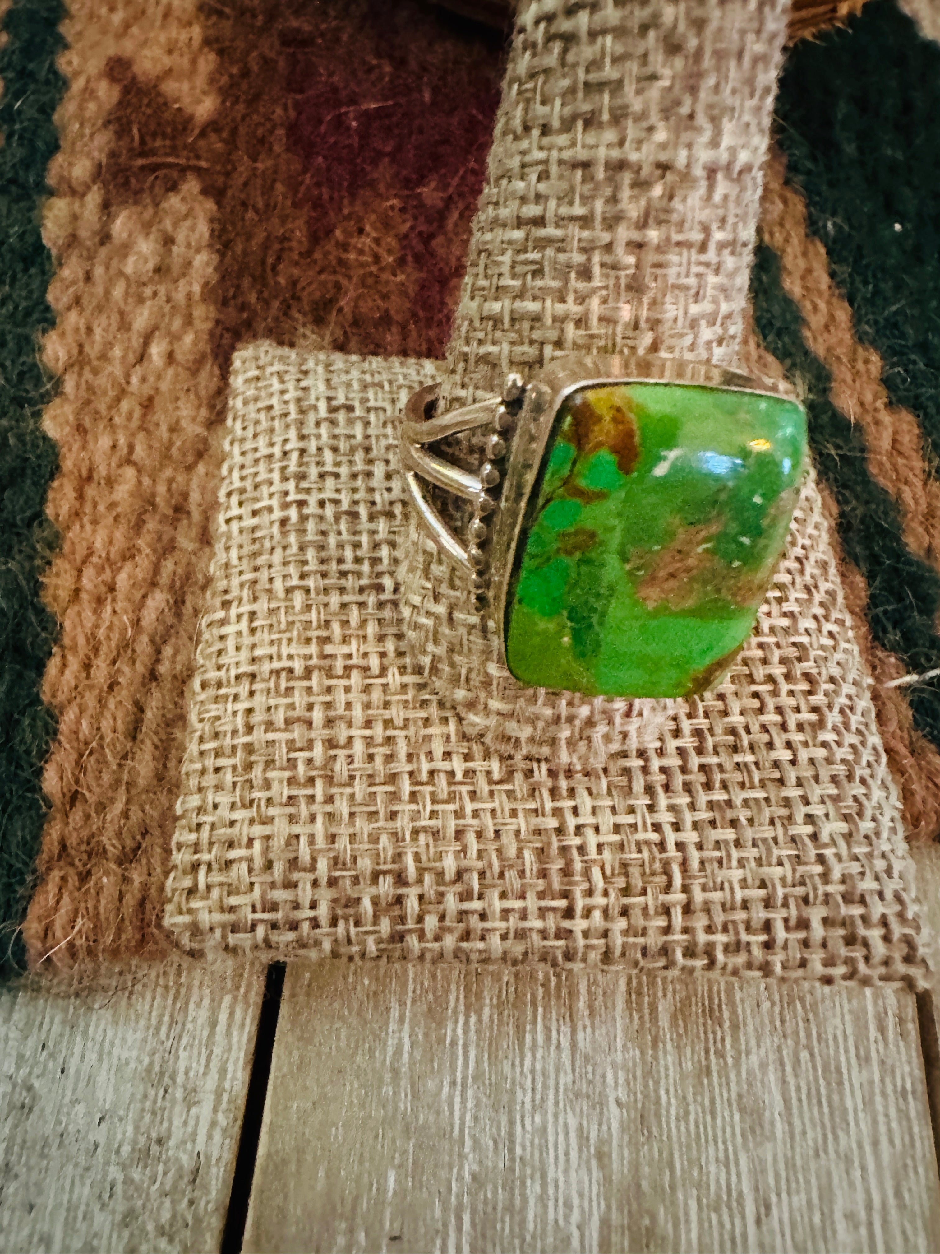 Old Pawn Handcrafted Kingman Turquoise & Sterling Silver Ring Size 12.75