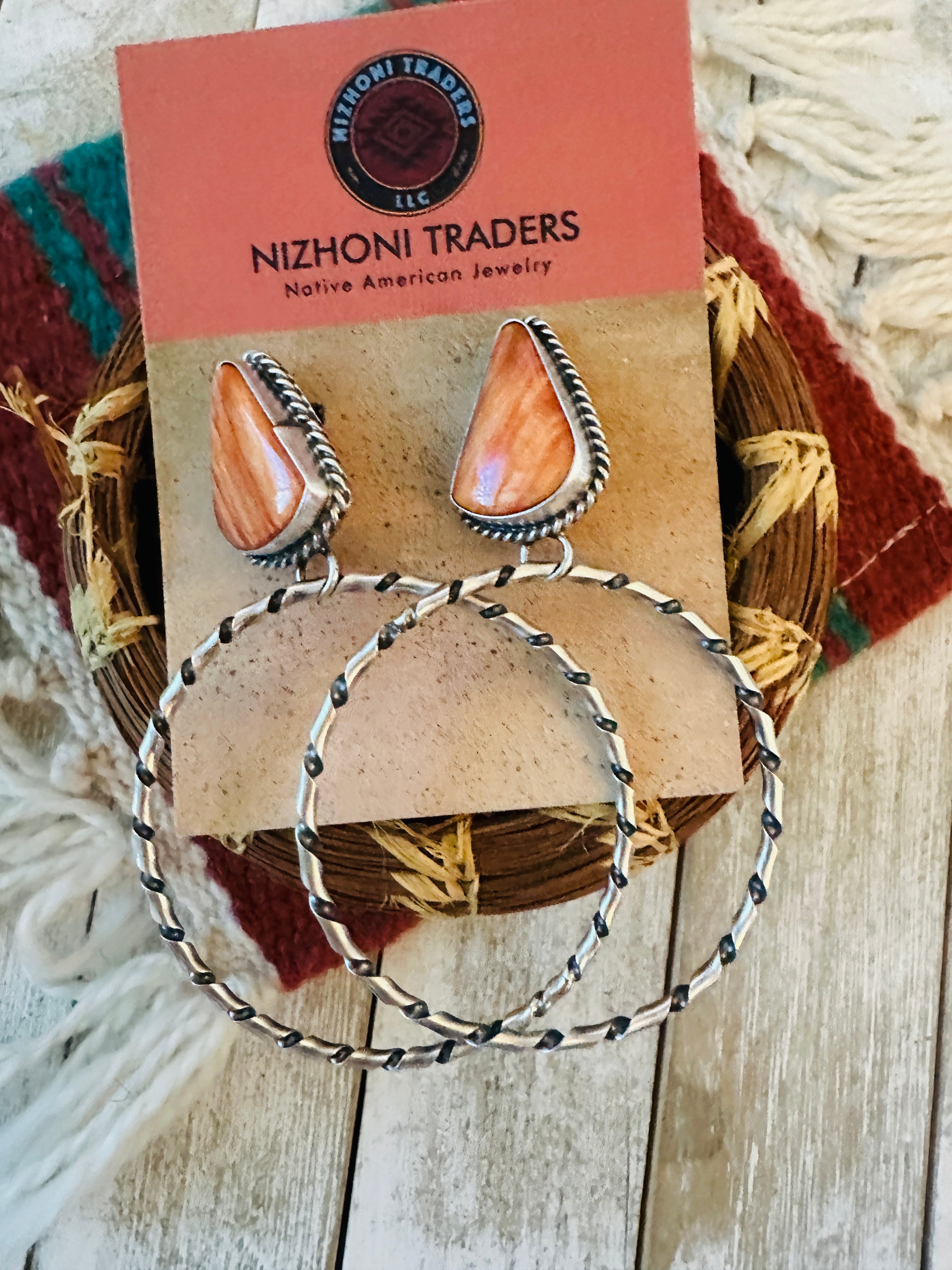 Navajo Orange Spiny and Sterling Silver Dangle Hoop Earrings