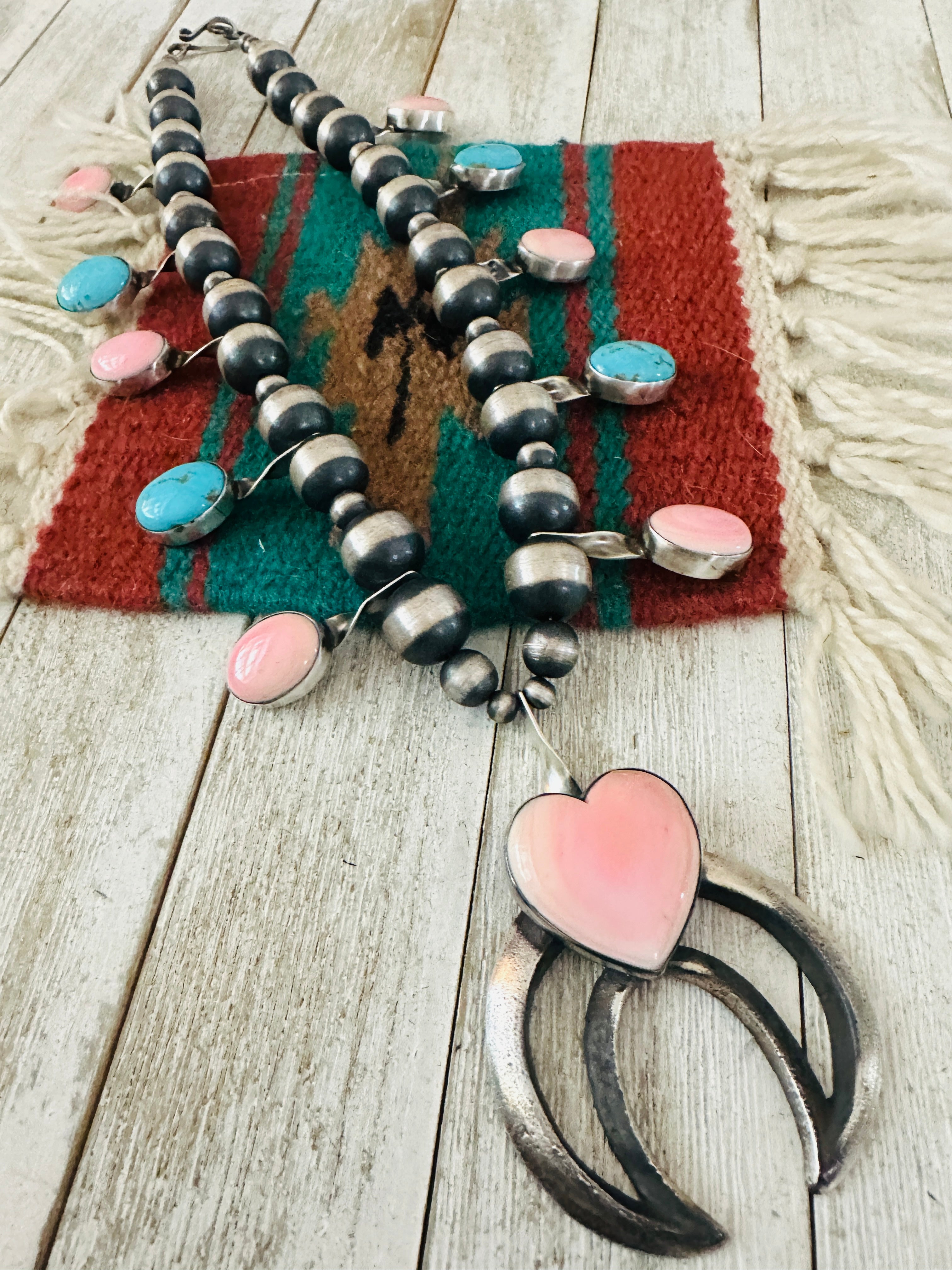 Handcrafted Queen Pink Conch, Turquoise & Sterling Silver Beaded Squash Blossom Necklace by Chimney Butte