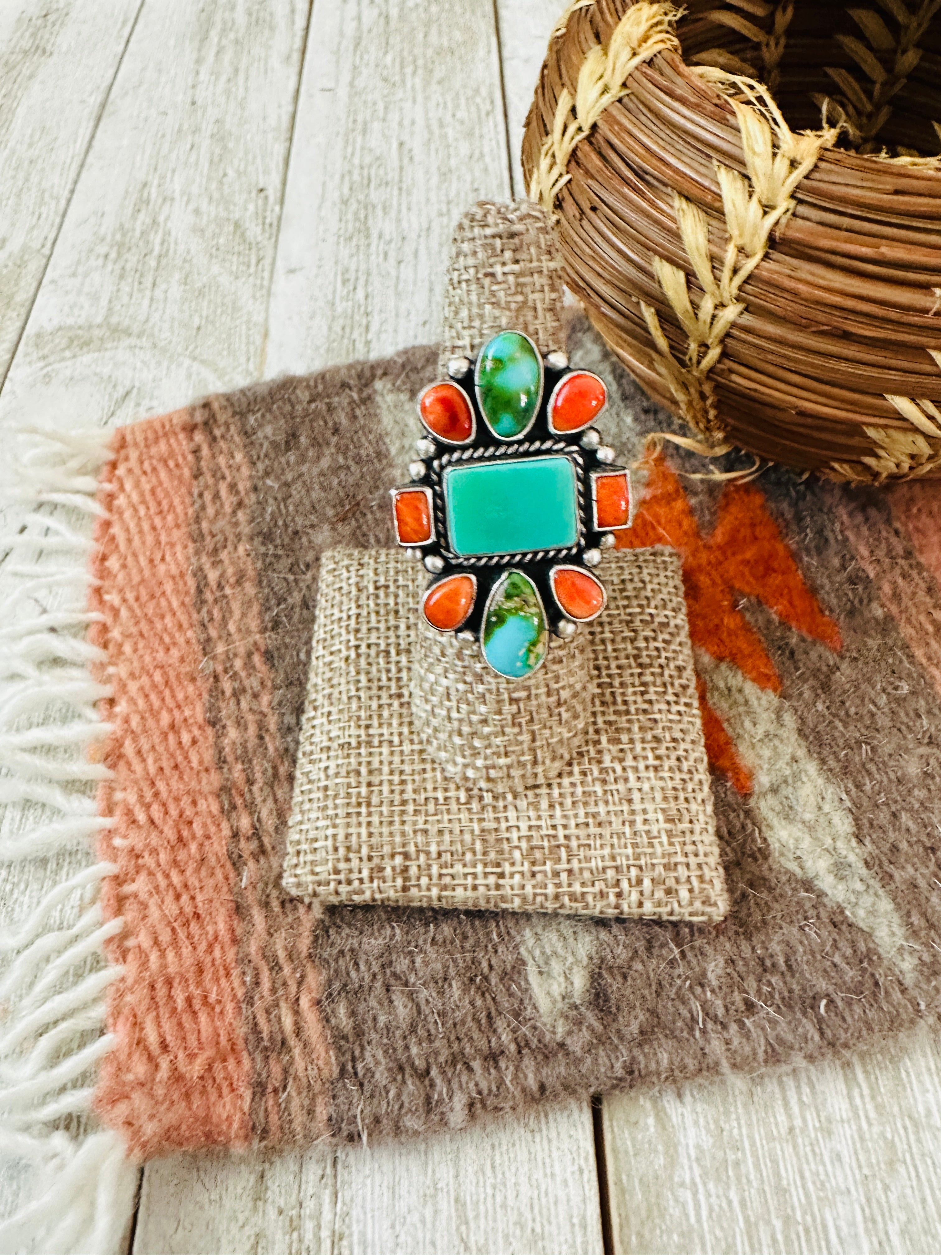 Navajo Sterling Silver, Turquoise & Spiny Oyster Ring by Bernyse Chavez and Angela Martin, Size 8