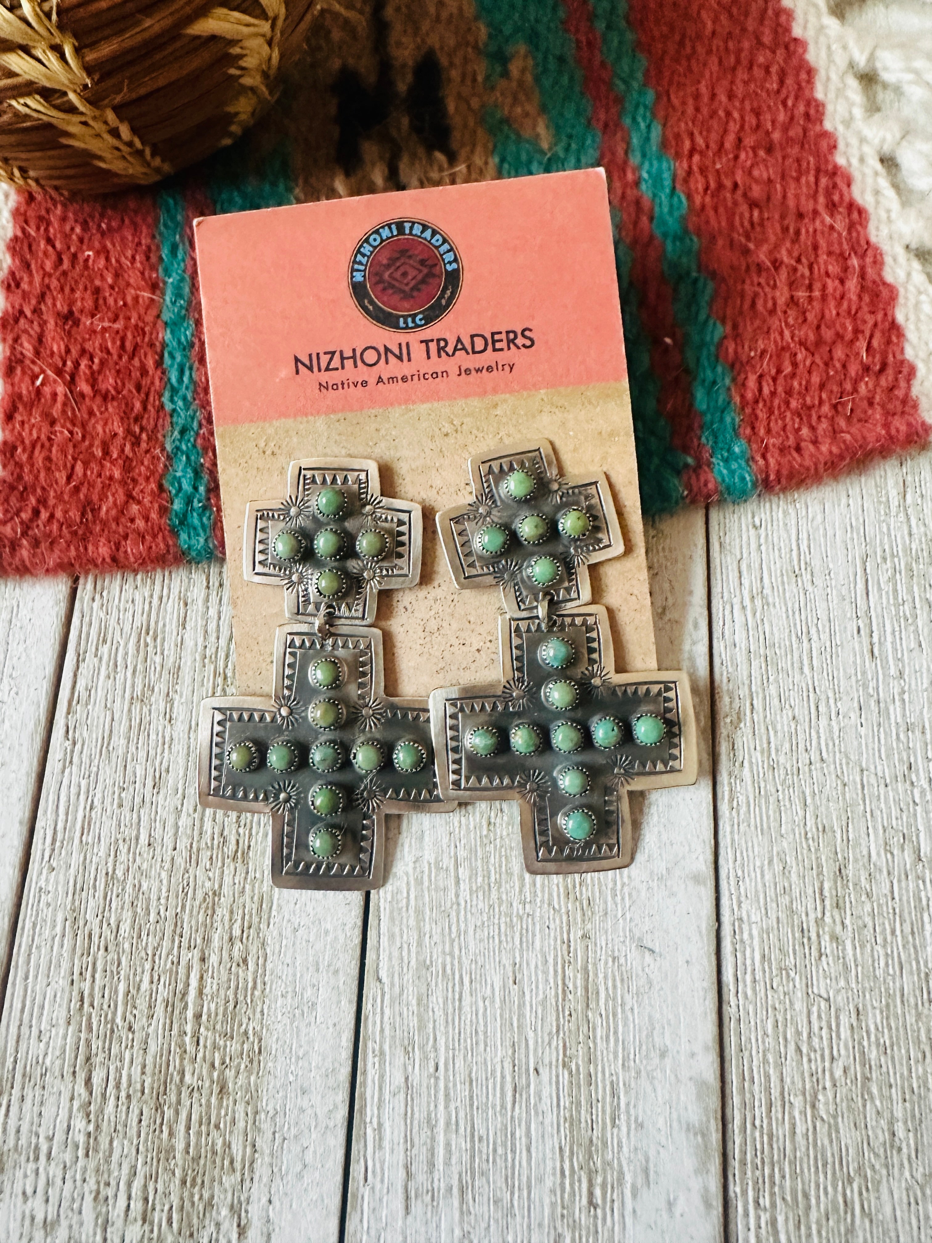 Handcrafted Turquoise & Sterling Silver Cross Dangle Earrings