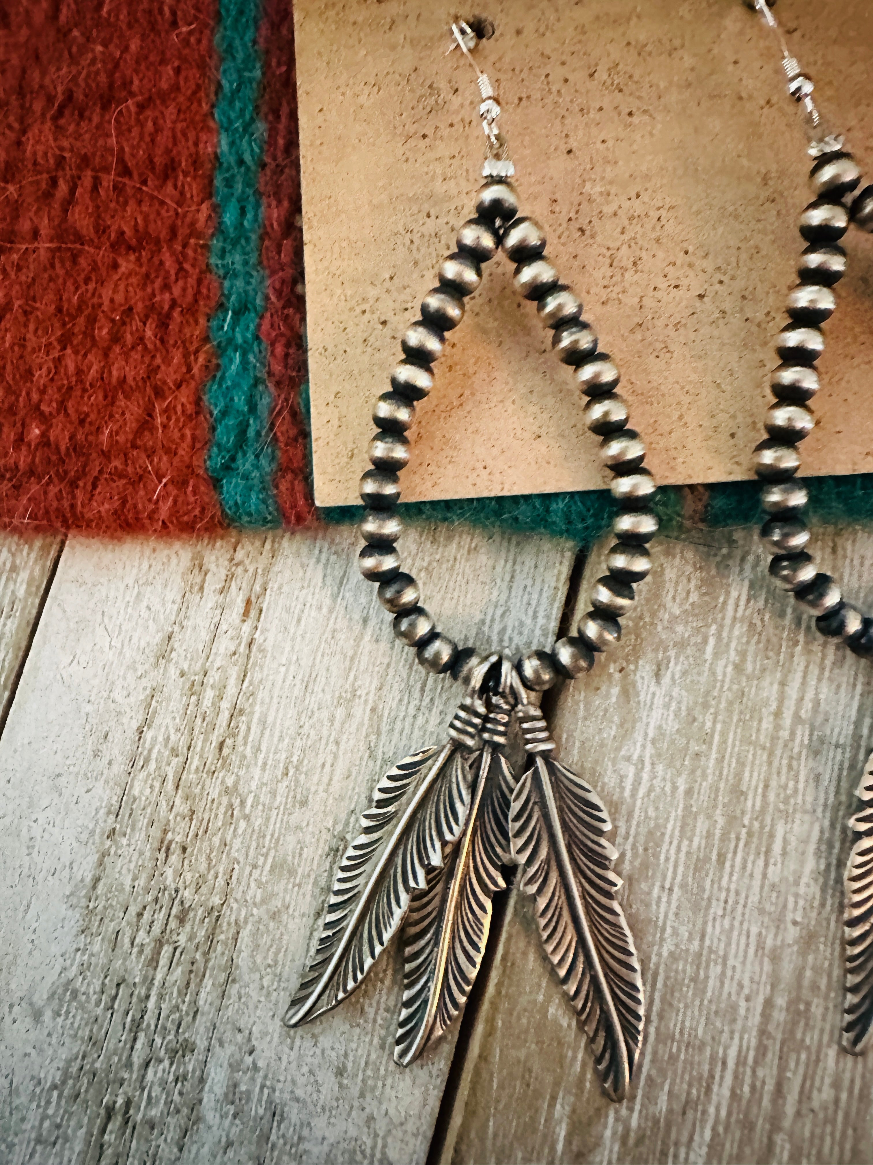 Handcrafted Sterling Silver Pearl Feather Beaded Hoop Earrings