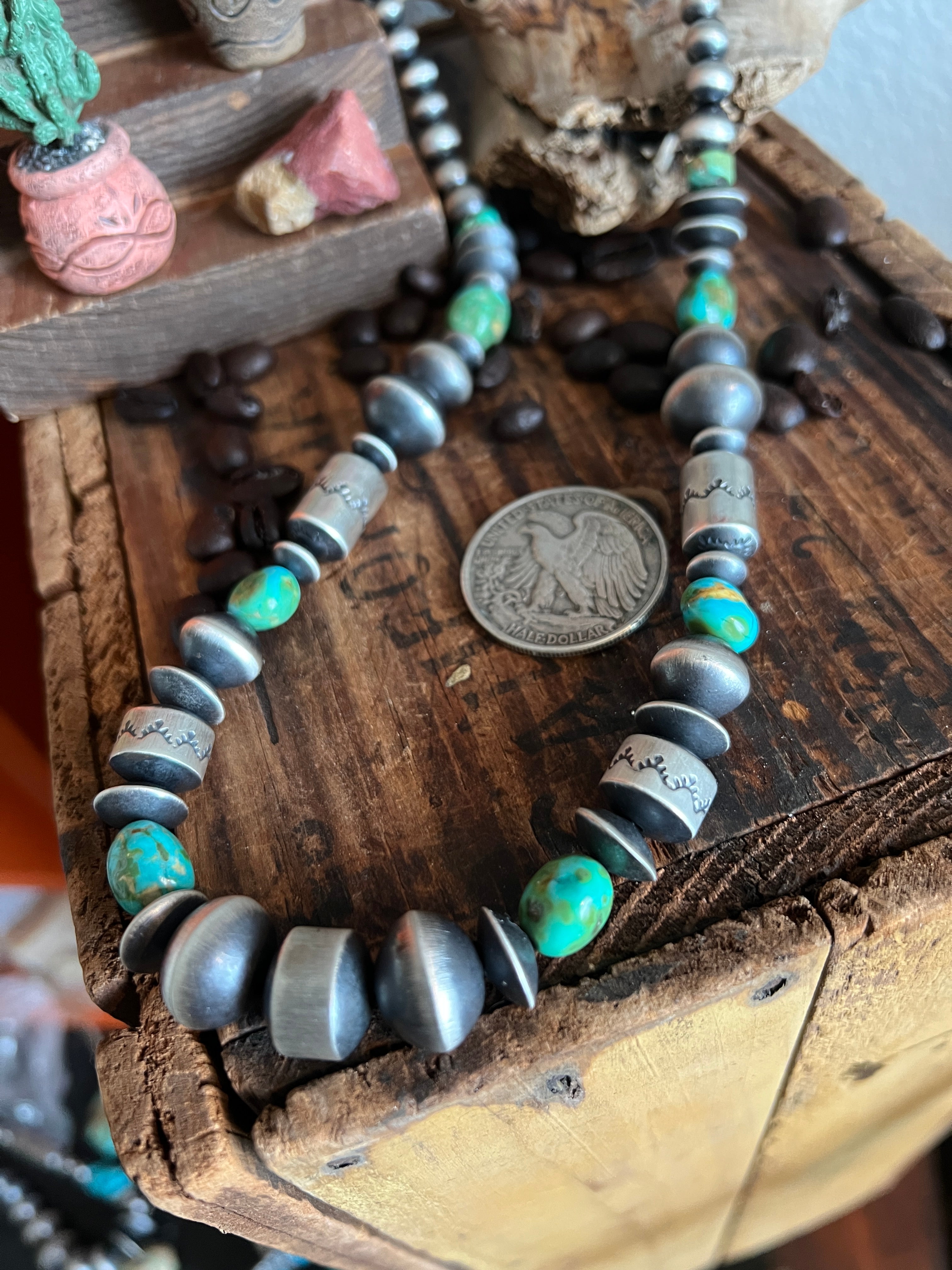 Handcrafted Sterling Silver and Sonoran Mountain Turquoise and Beaded Necklace by Rose Martin, 24 + 1 Inches