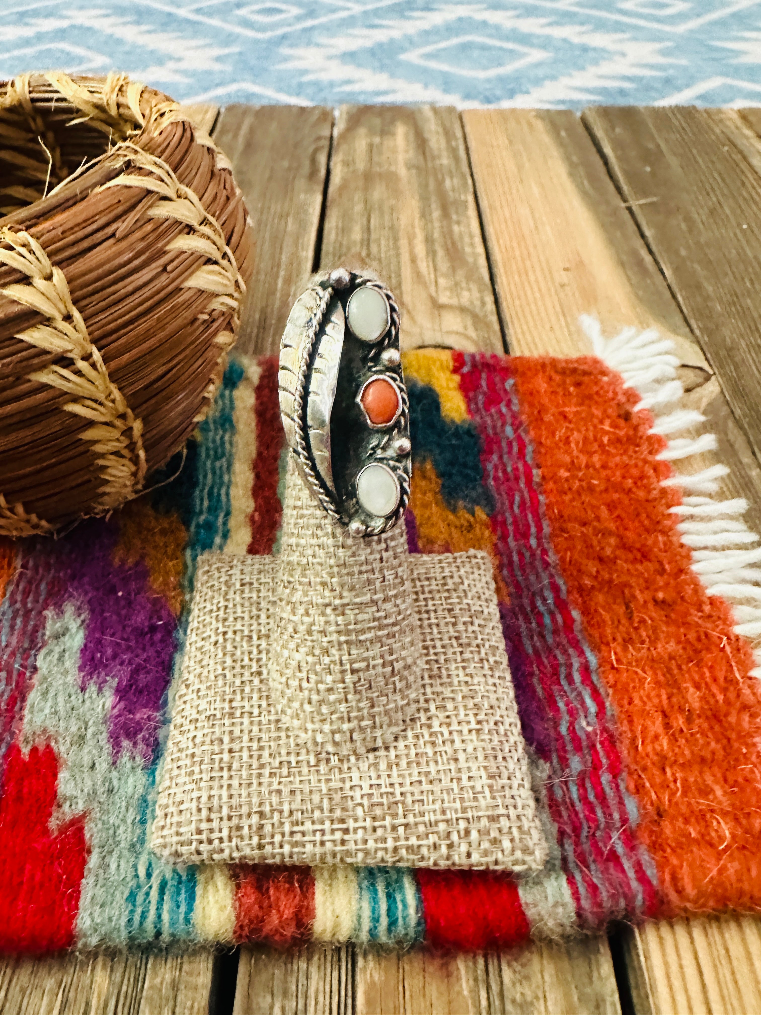 Old Pawn Handcrafted Mother of Pearl, Coral & Sterling Silver Ring Size 5