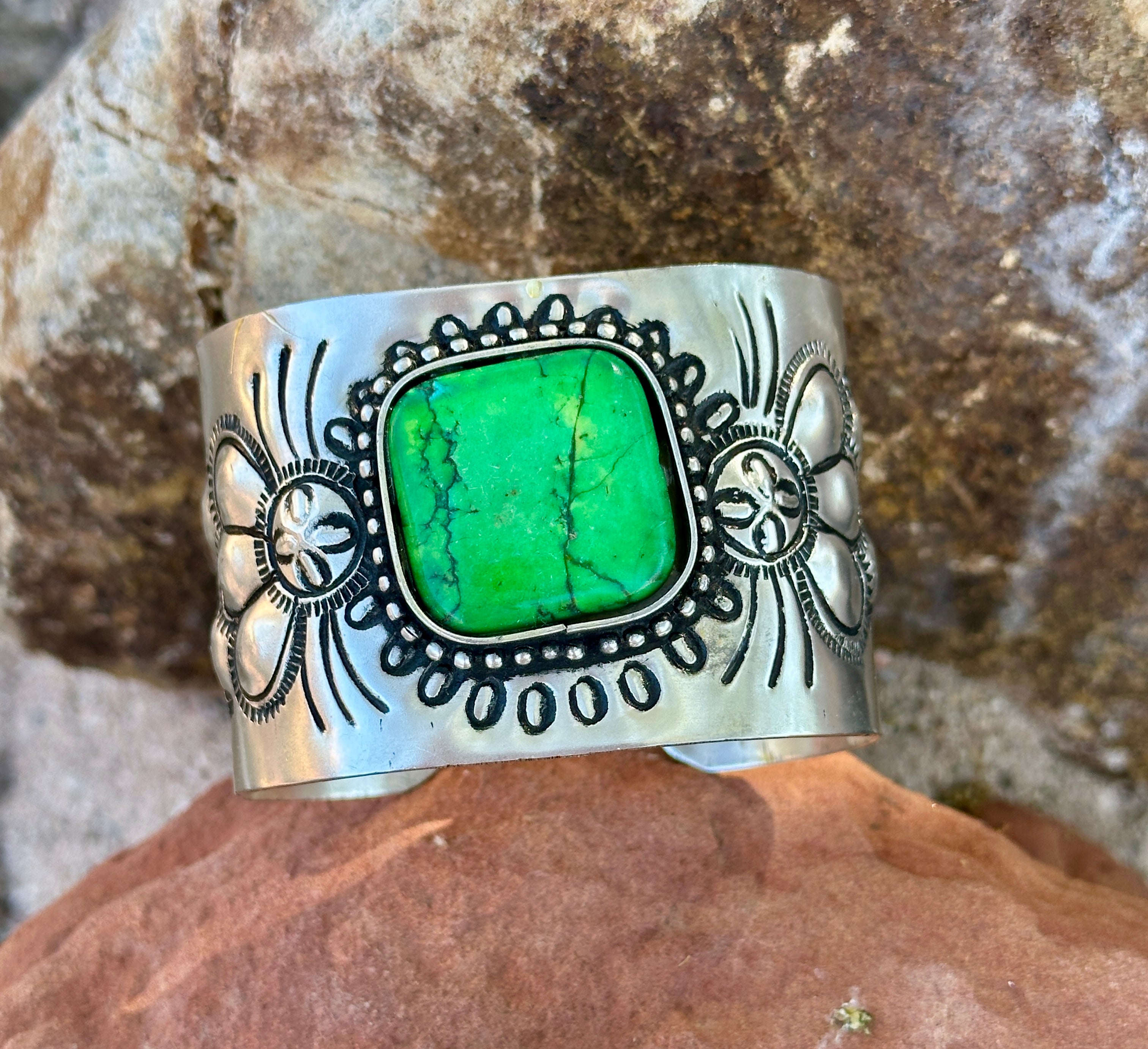 Engraved Silver Plated Cuff Bracelet with Green Stone