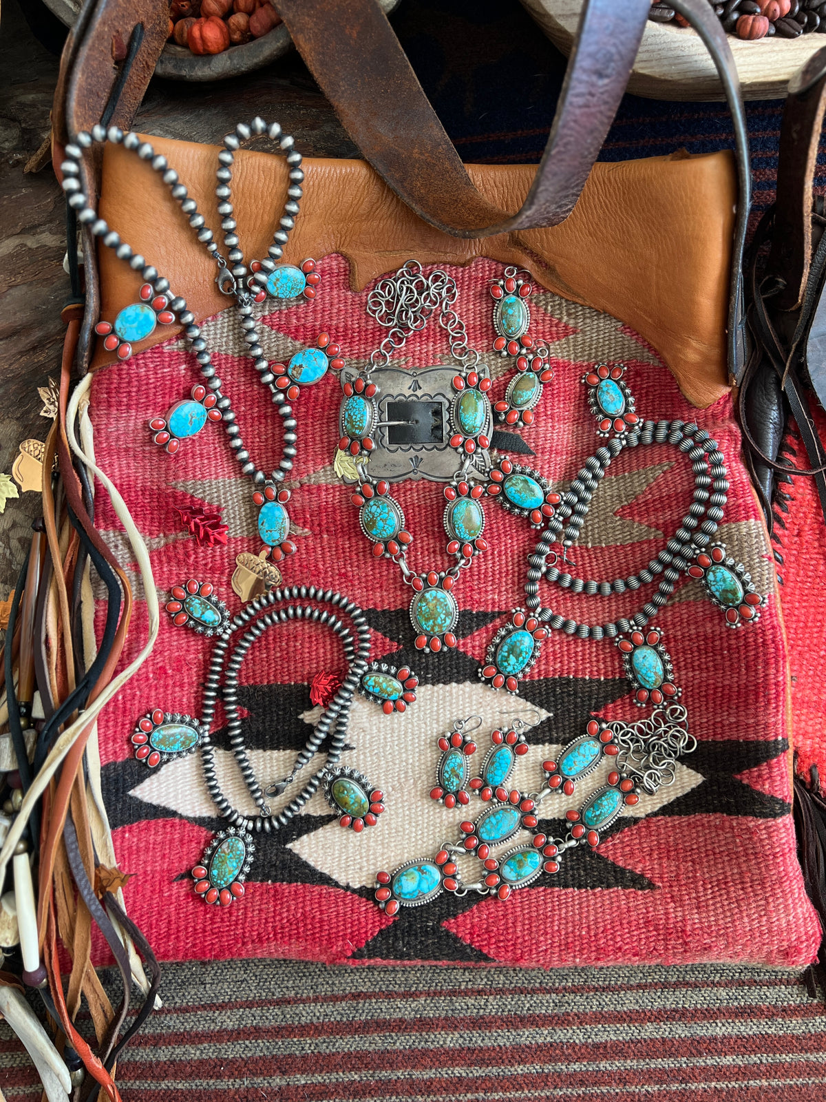 Kathleen Chavez Sterling Silver, Kingman Turquoise & Mediterranean Coral Taos Collection Necklace & Earrings Set