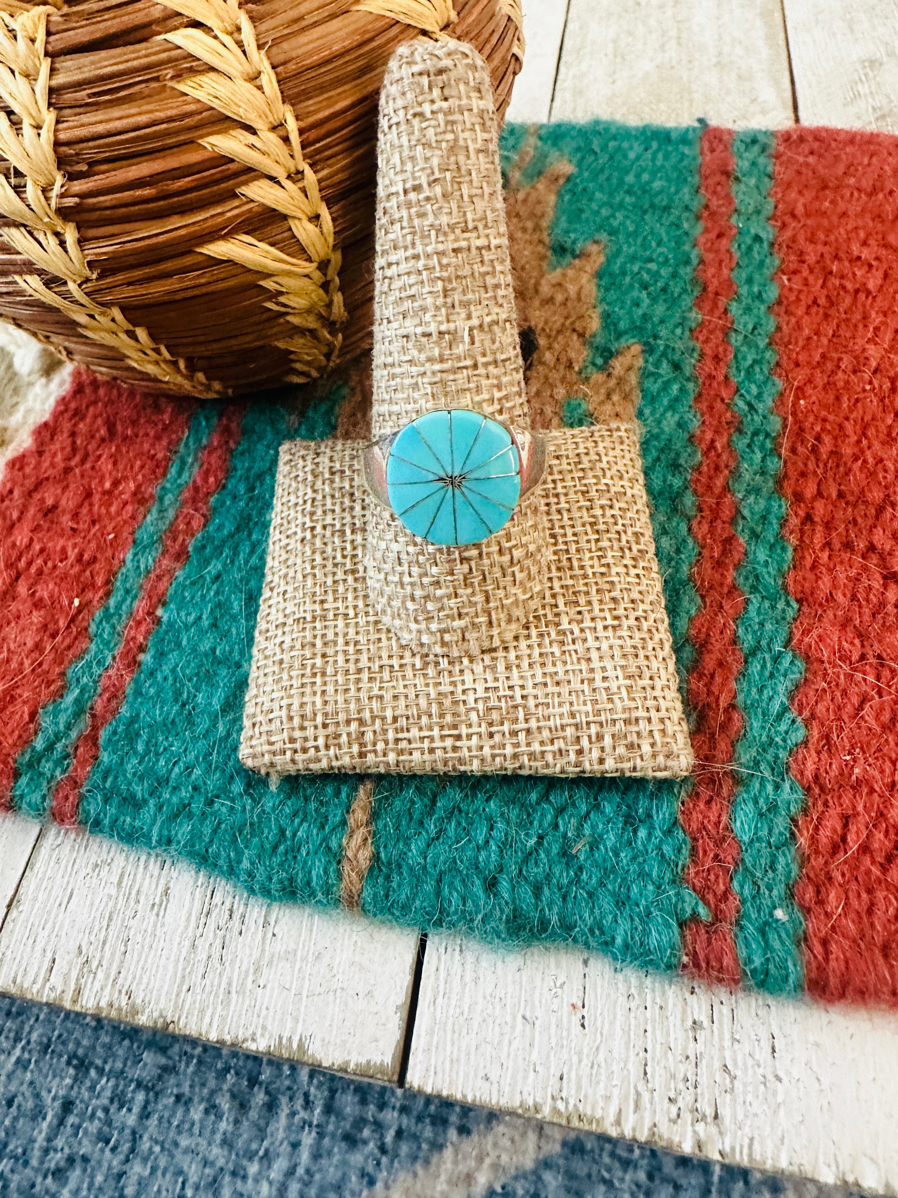 Handcrafted Silver & Turquoise Inlay Flower Ring Size 10.5