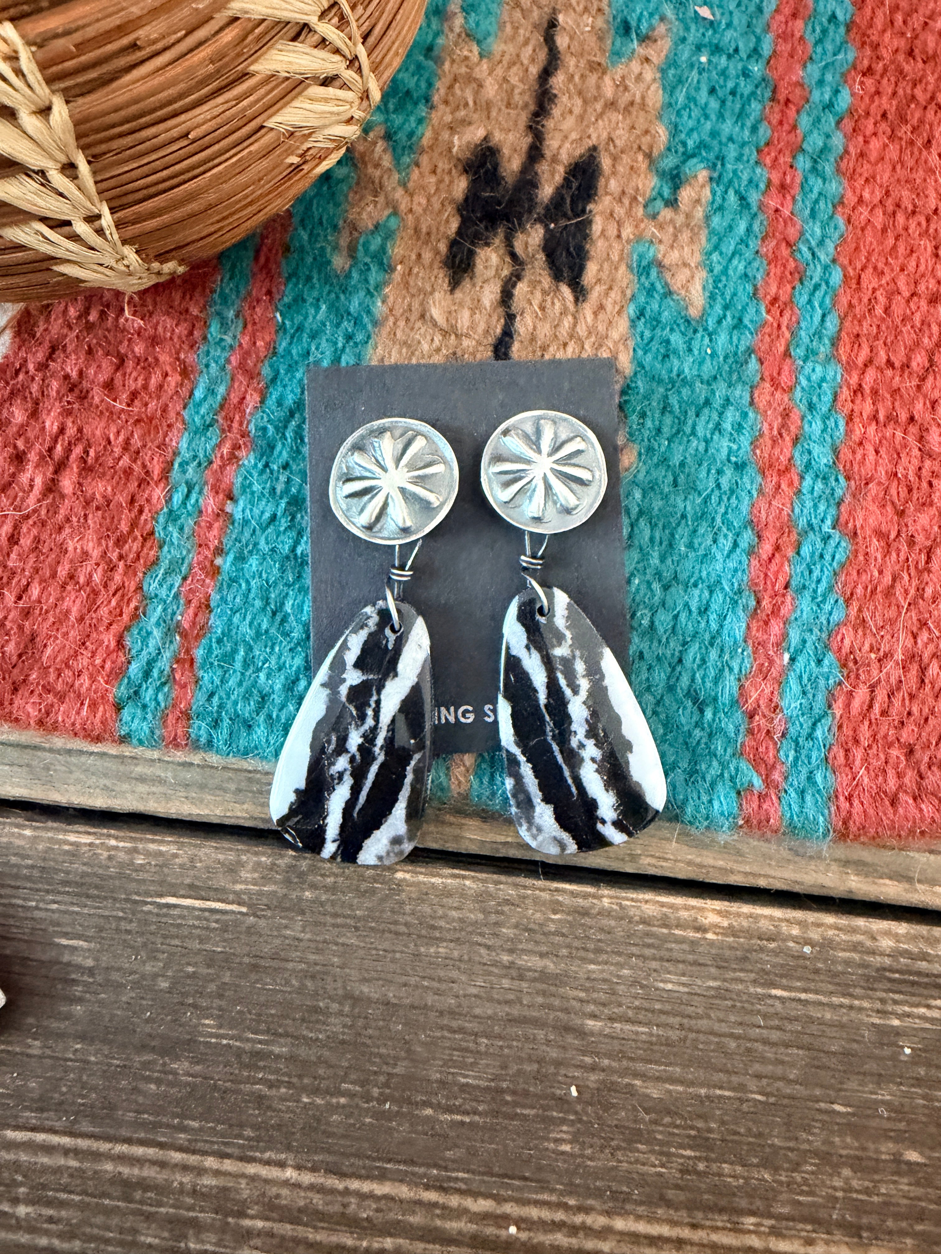 Handcrafted White Buffalo & Sterling Silver Concho Dangle Earrings