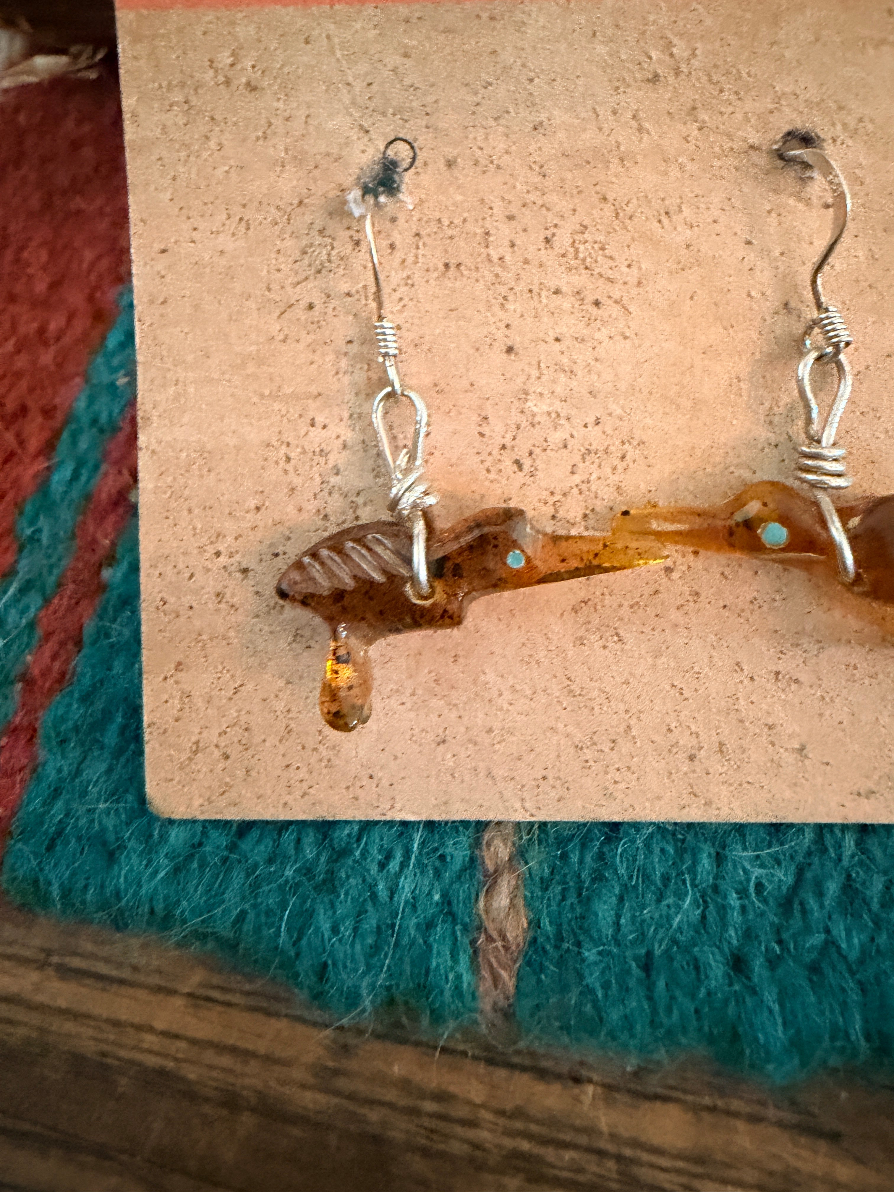 Hand Carved Amber and Turquoise Fetish Hummingbird Dangle Earrings