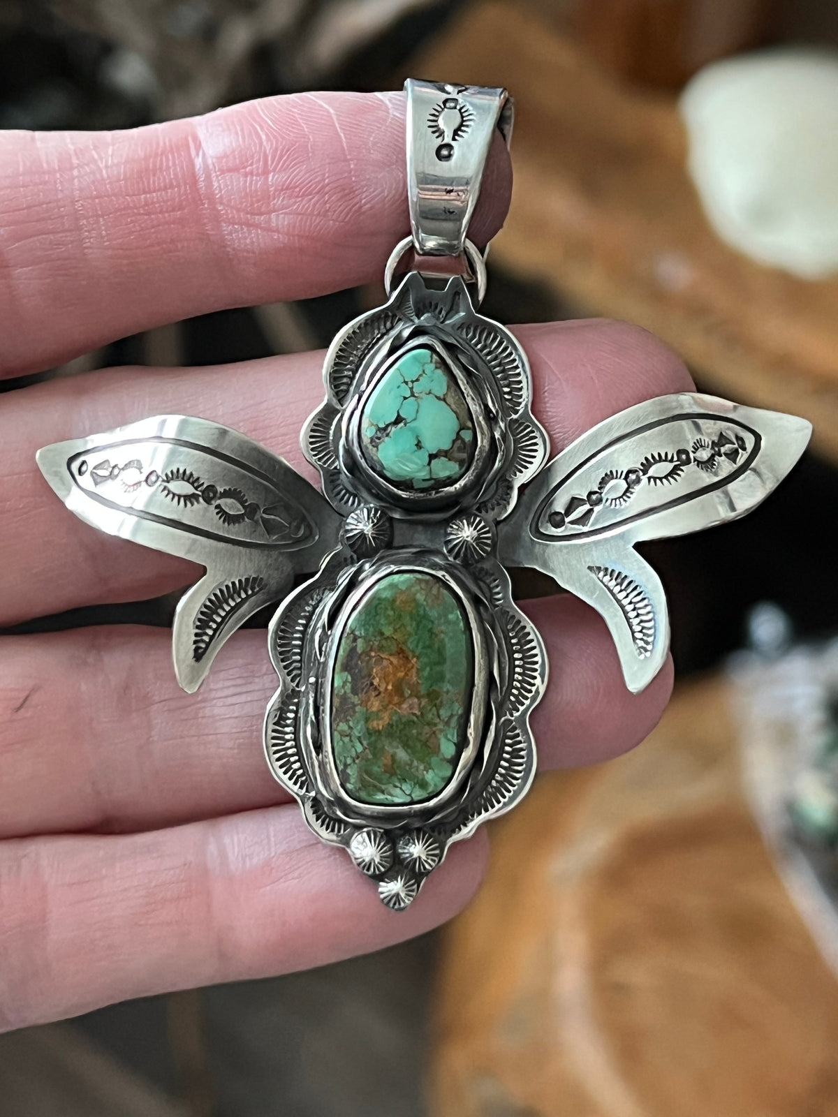 Sterling Silver and Turquoise Winged Bug Pendant by Kimari Somers